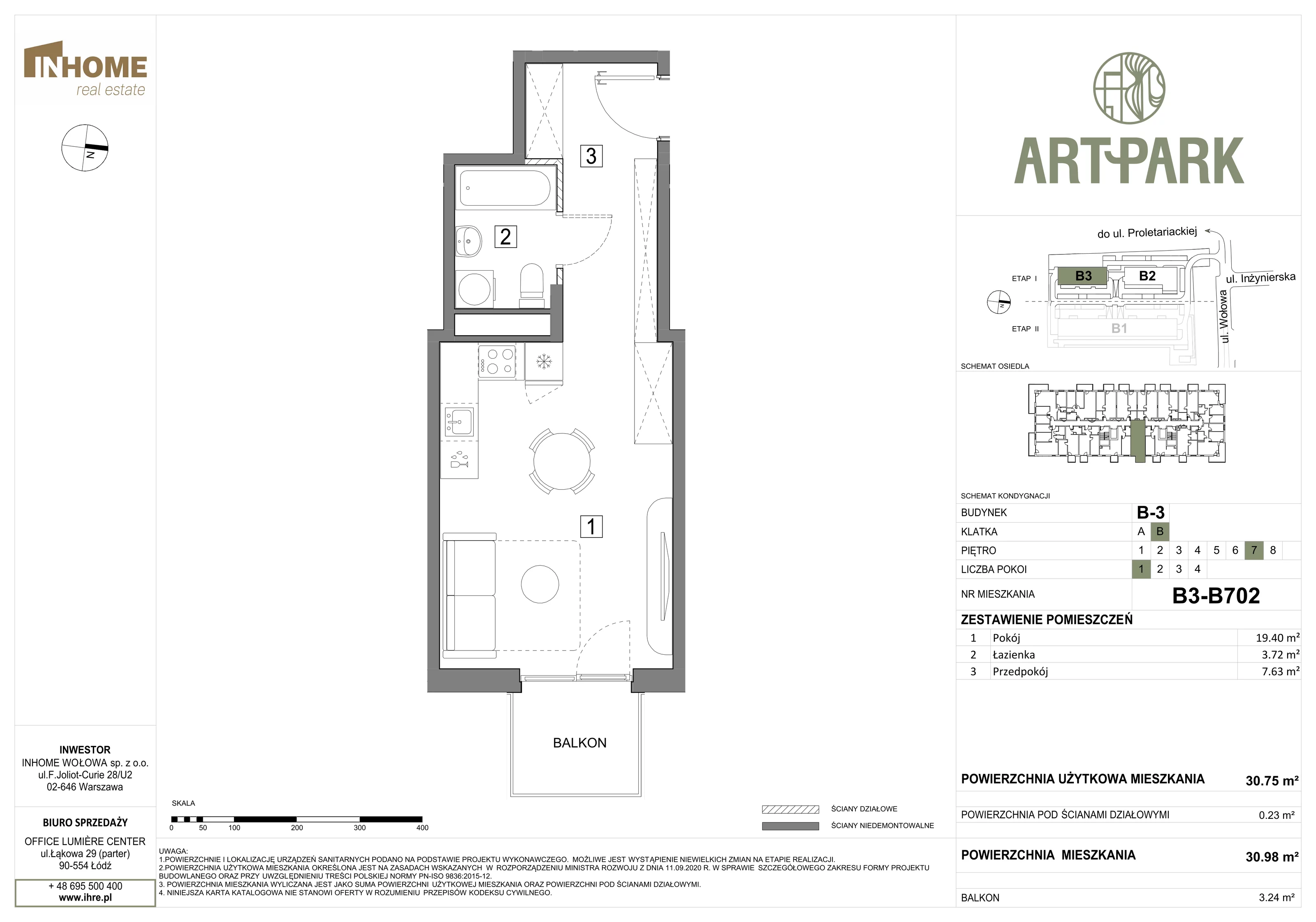 1 pokój, mieszkanie 30,93 m², piętro 7, oferta nr B3/B702, ArtPark, Łódź, Polesie, ul. Wołowa