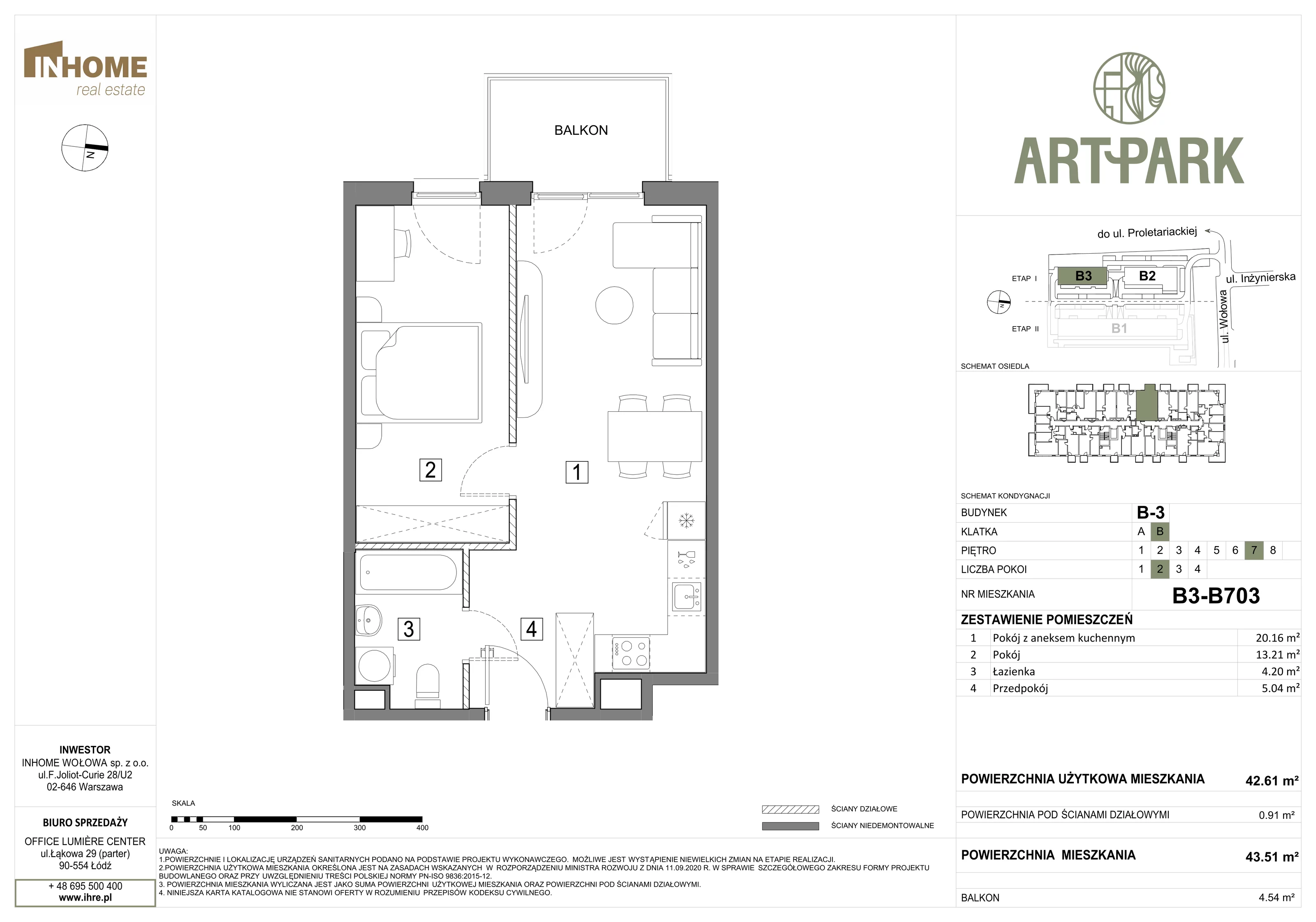2 pokoje, mieszkanie 43,53 m², piętro 7, oferta nr B3/B703, ArtPark, Łódź, Polesie, ul. Wołowa