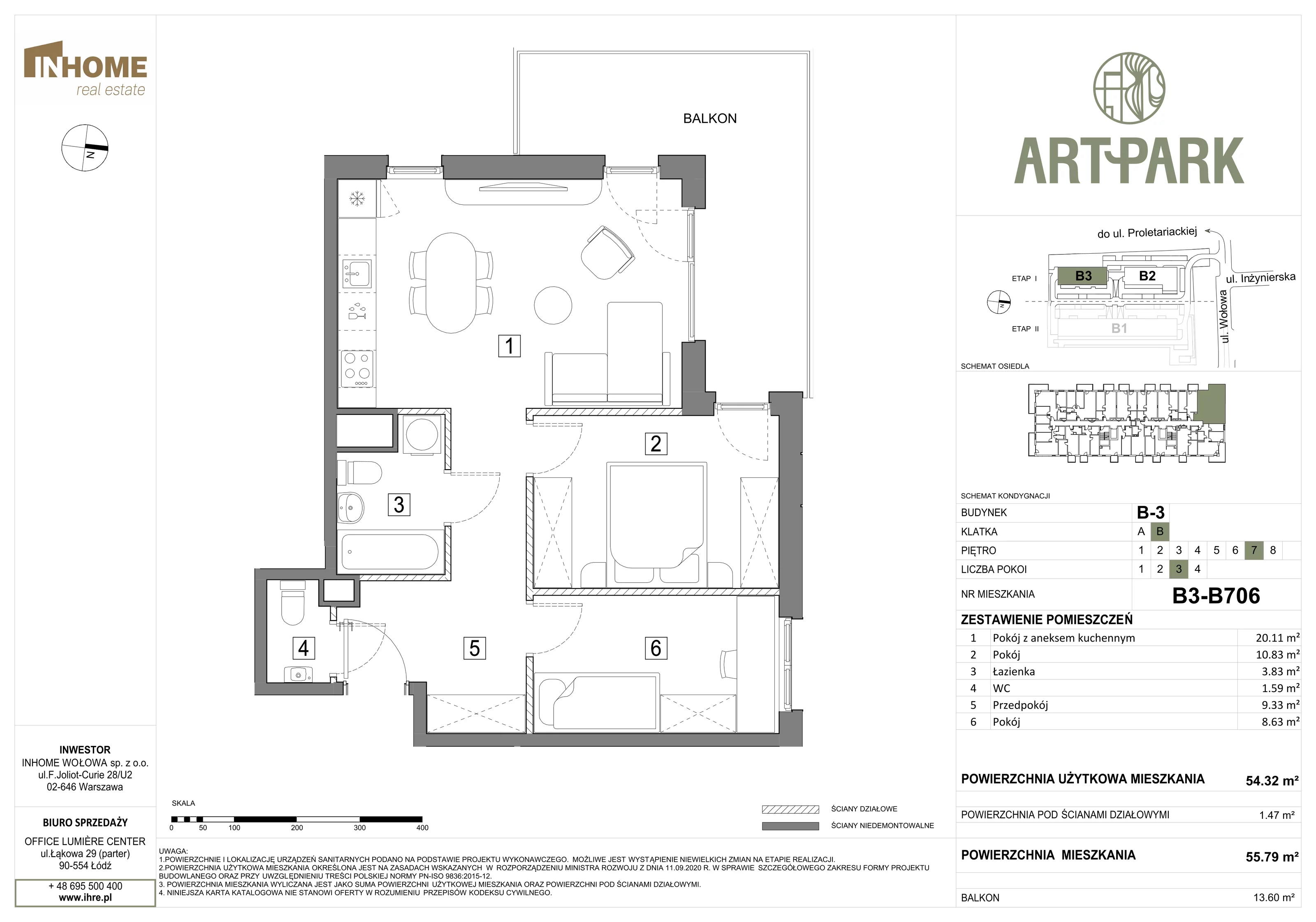 2 pokoje, mieszkanie 55,96 m², piętro 7, oferta nr B3/B706, ArtPark, Łódź, Polesie, ul. Wołowa