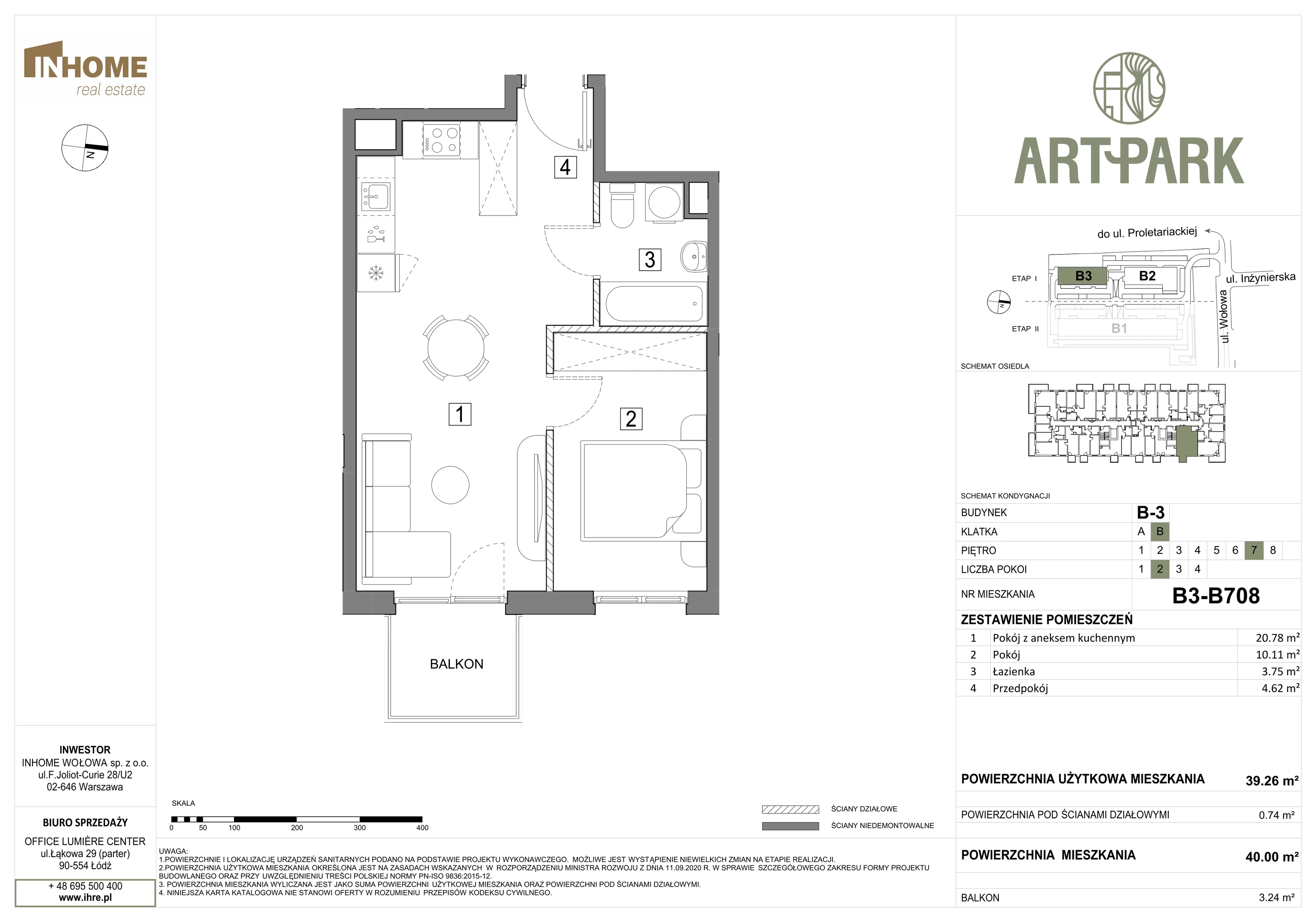 2 pokoje, mieszkanie 40,04 m², piętro 7, oferta nr B3/B708, ArtPark, Łódź, Polesie, ul. Wołowa