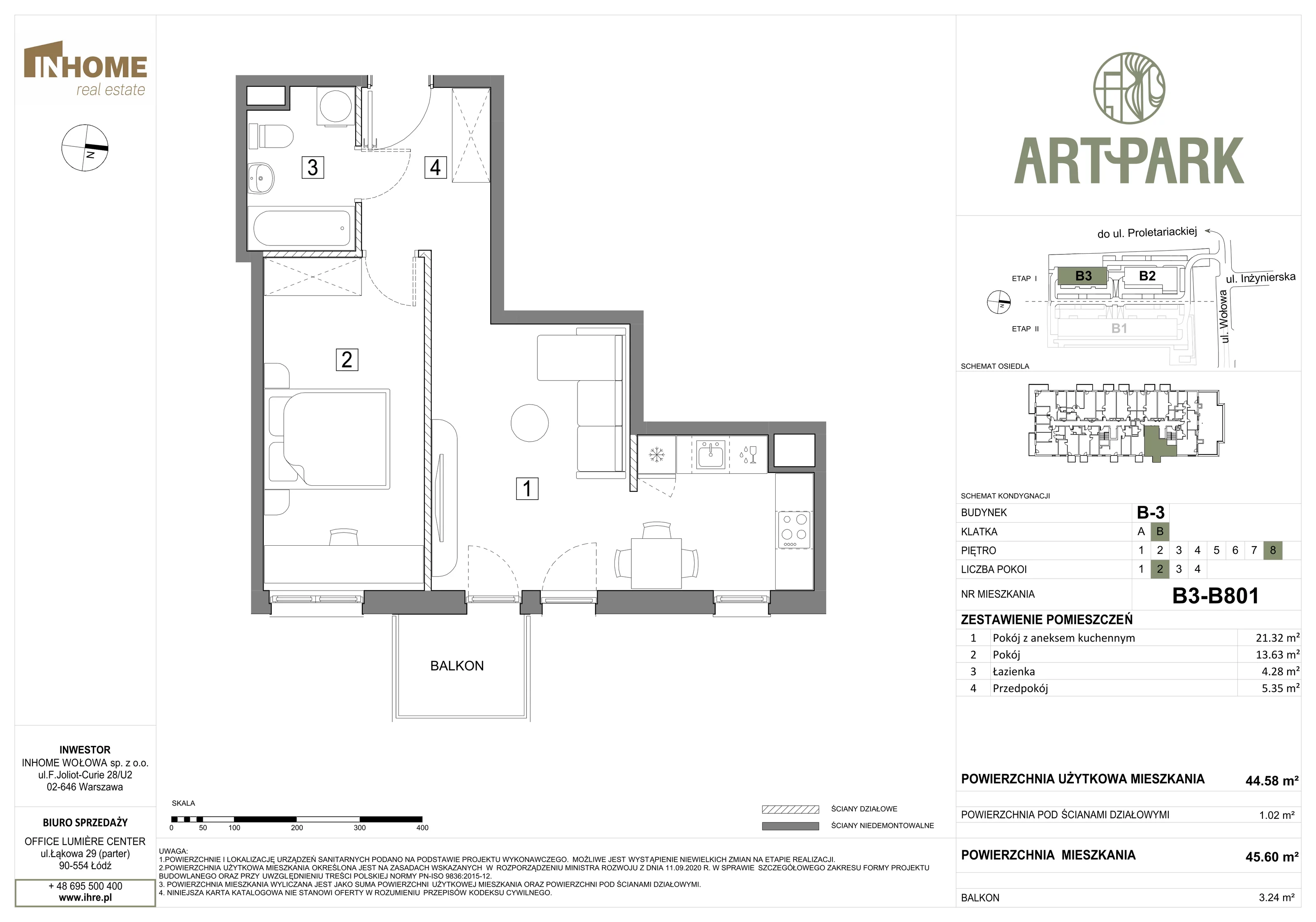 2 pokoje, mieszkanie 45,66 m², piętro 8, oferta nr B3/B801, ArtPark, Łódź, Polesie, ul. Wołowa