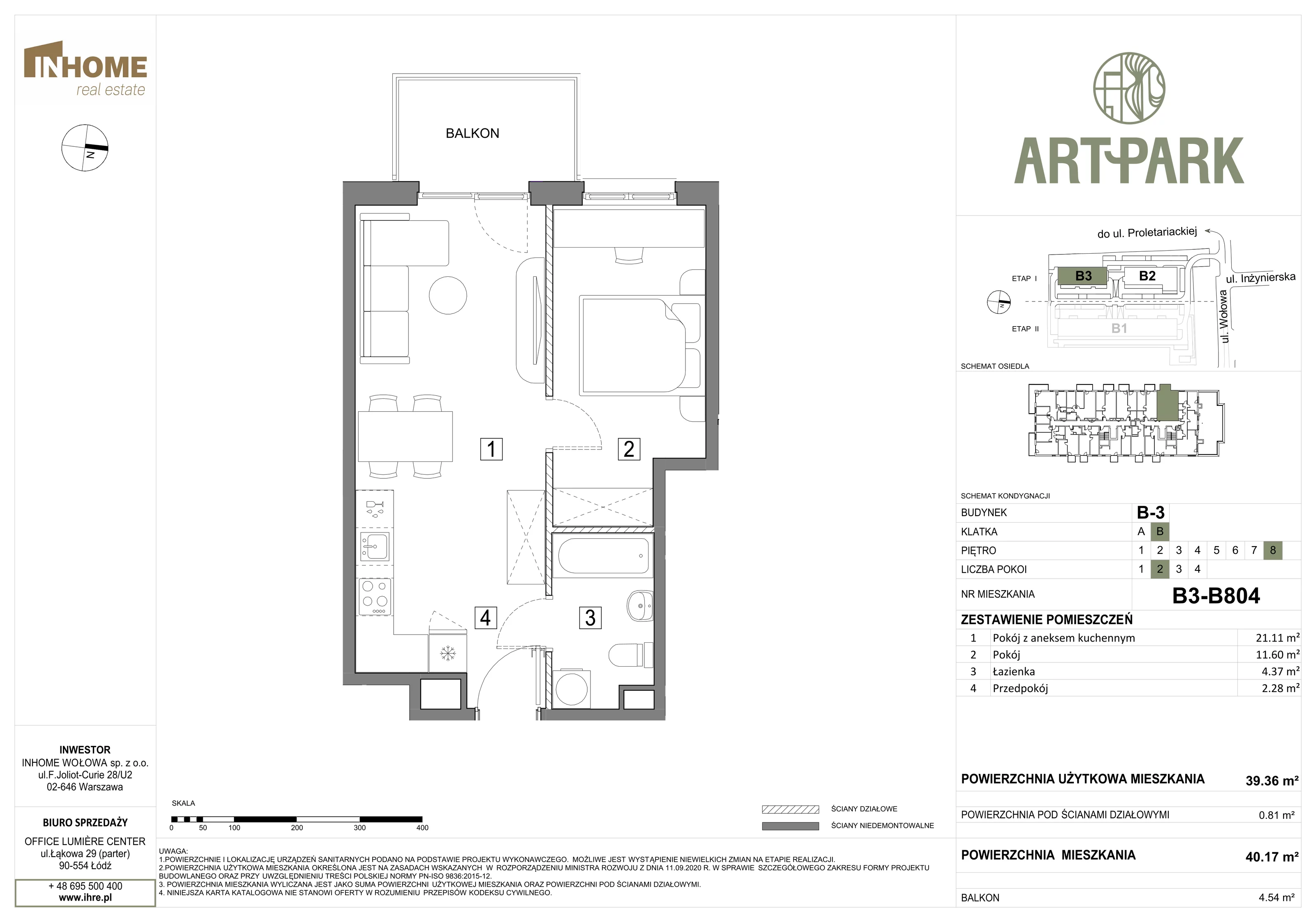 2 pokoje, mieszkanie 40,21 m², piętro 8, oferta nr B3/B804, ArtPark, Łódź, Polesie, ul. Wołowa