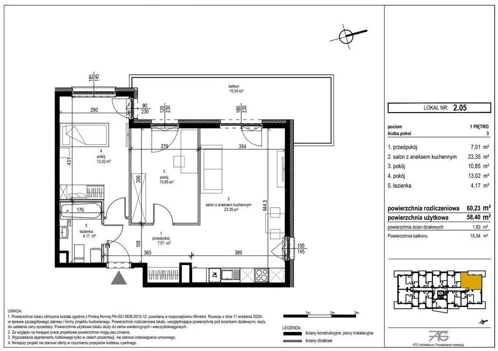 Mieszkanie na sprzedaż, 60,23 m², 3 pokoje, 1 piętro, oferta nr 5/17037/OMS