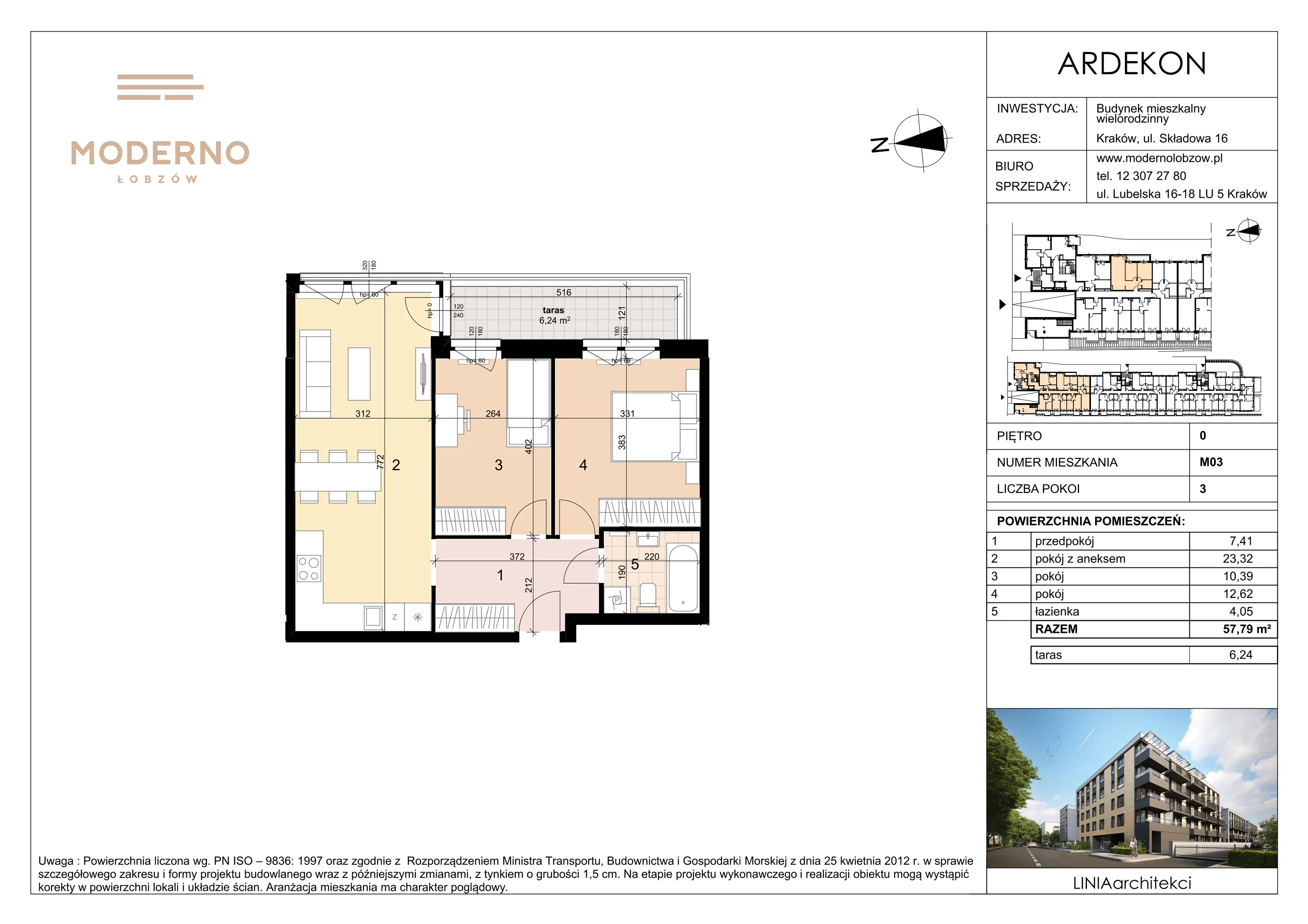 3 pokoje, mieszkanie 57,79 m², parter, oferta nr 3, Moderno Łobzów, Kraków, Krowodrza, ul. Składowa