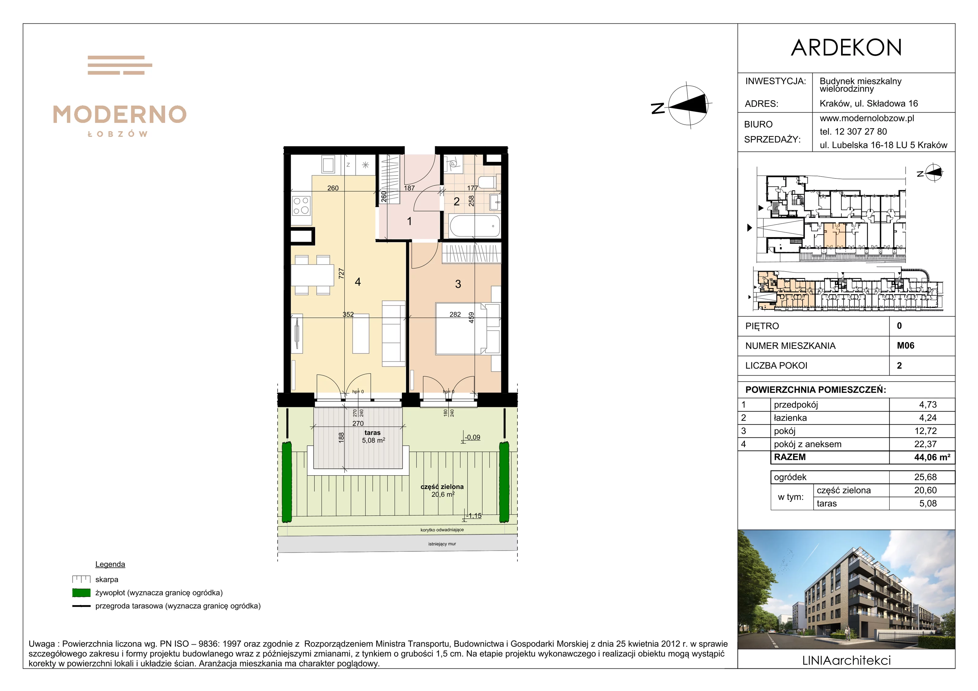 2 pokoje, mieszkanie 44,06 m², parter, oferta nr 6, Moderno Łobzów, Kraków, Krowodrza, ul. Składowa