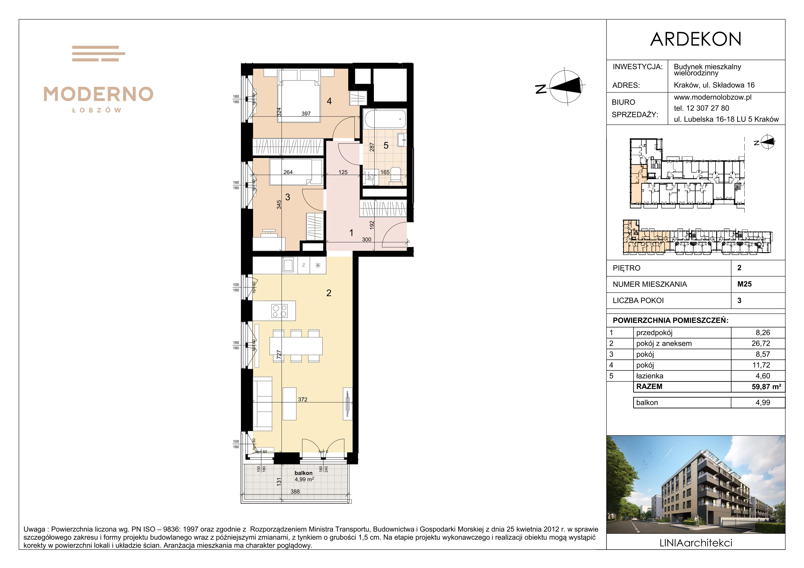 3 pokoje, mieszkanie 59,87 m², piętro 2, oferta nr 25, Moderno Łobzów, Kraków, Krowodrza, ul. Składowa