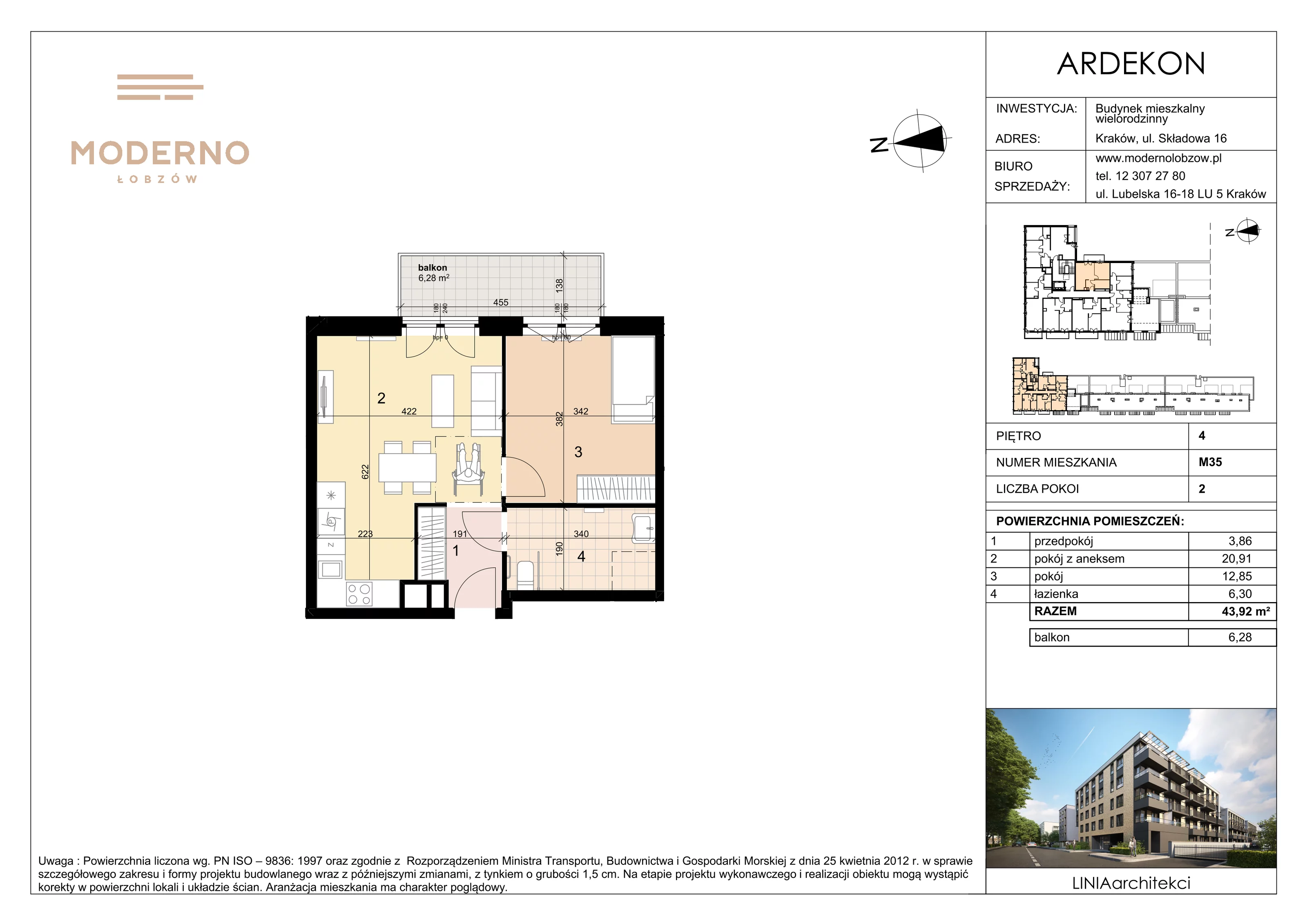 2 pokoje, mieszkanie 43,92 m², piętro 4, oferta nr 35, Moderno Łobzów, Kraków, Krowodrza, ul. Składowa