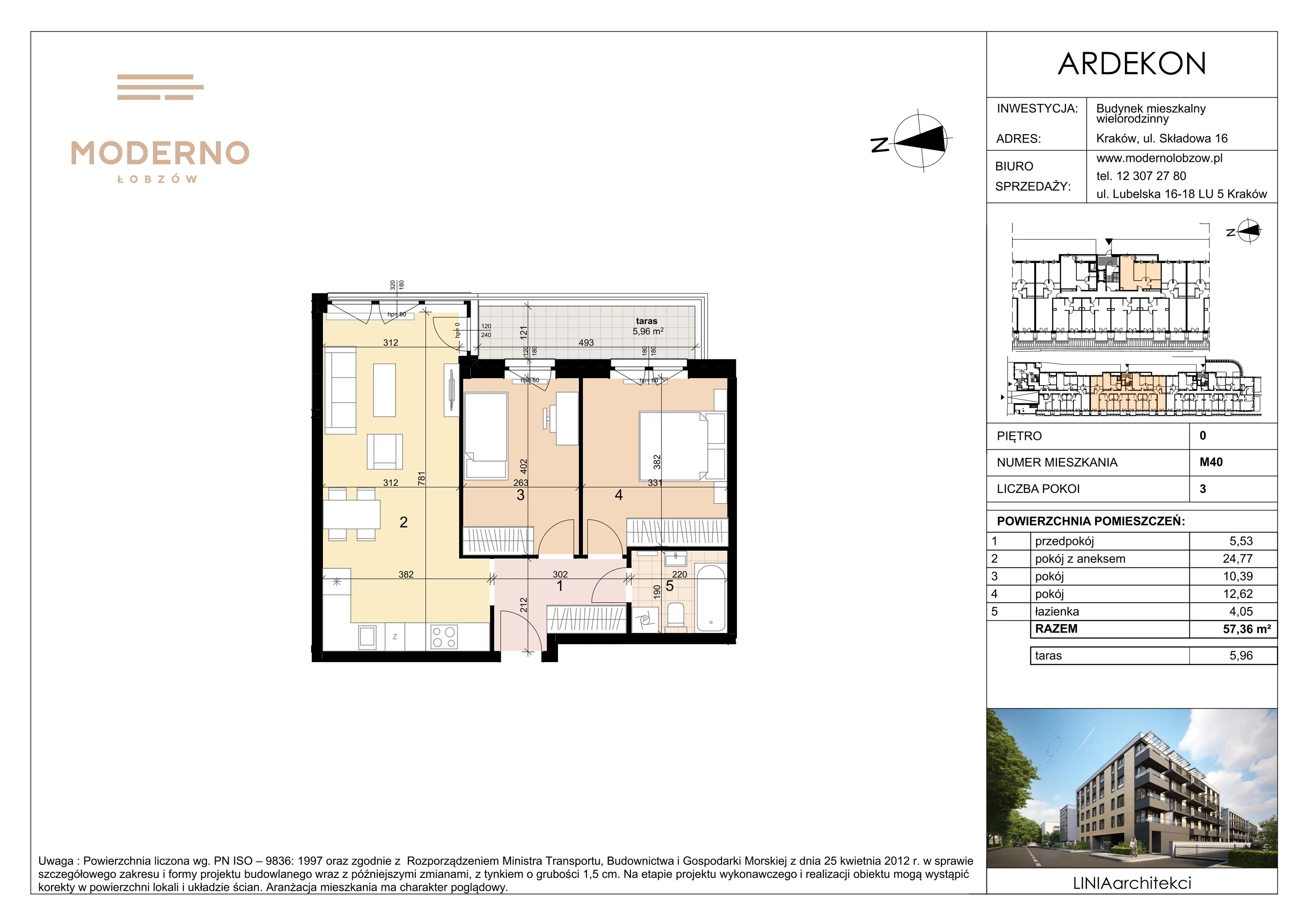 3 pokoje, mieszkanie 57,36 m², parter, oferta nr 40, Moderno Łobzów, Kraków, Krowodrza, ul. Składowa