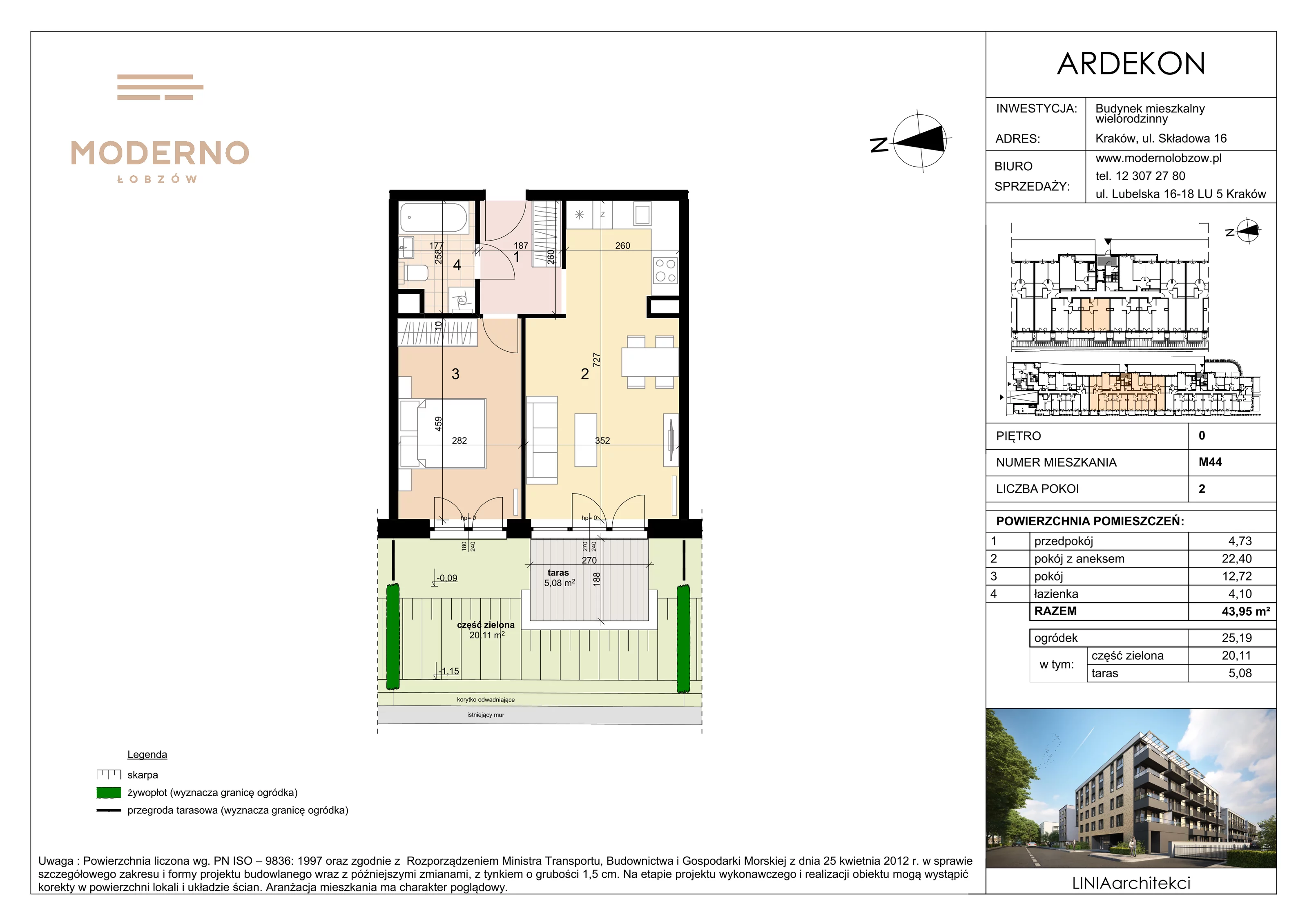 2 pokoje, mieszkanie 43,95 m², parter, oferta nr 44, Moderno Łobzów, Kraków, Krowodrza, ul. Składowa