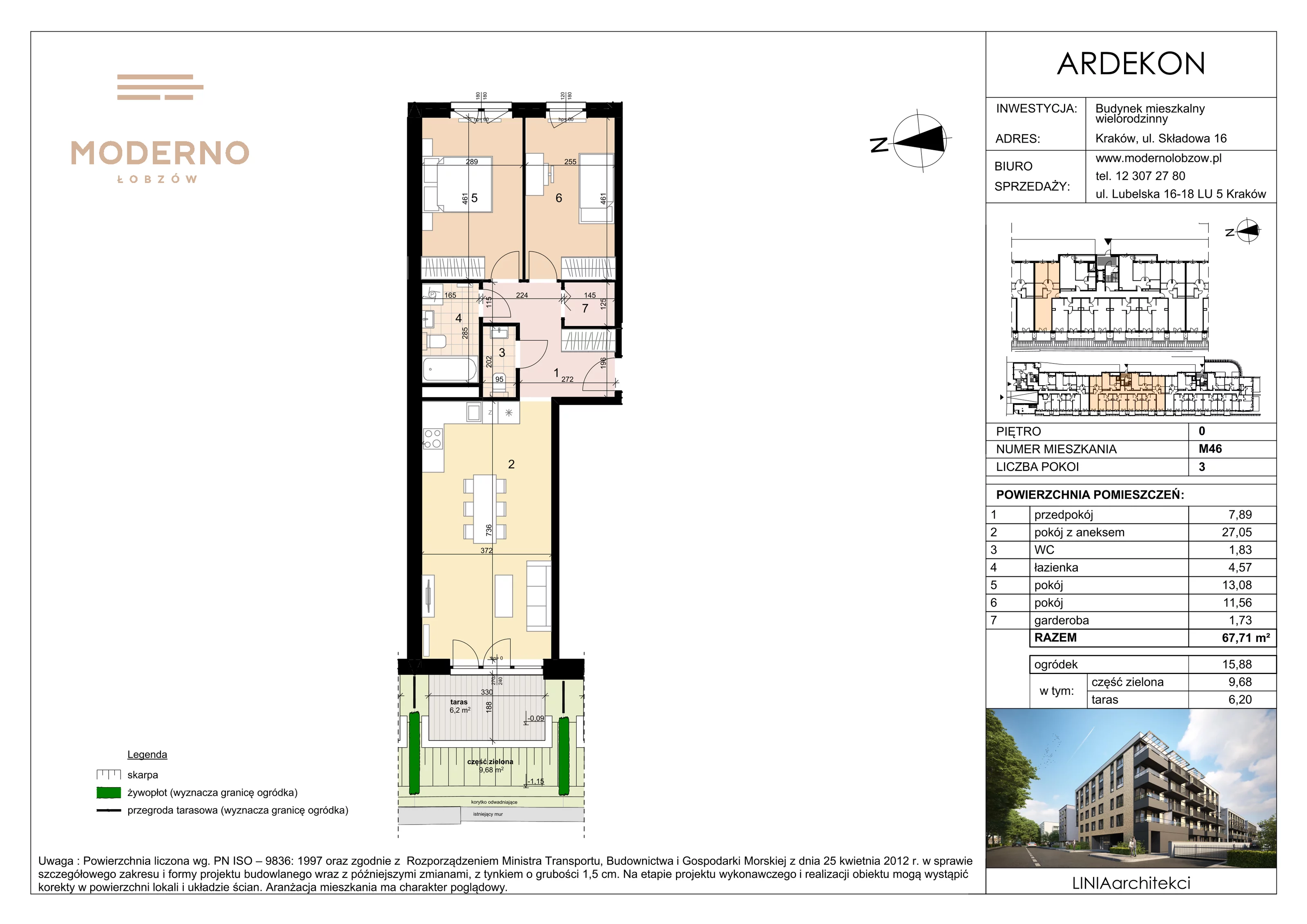 3 pokoje, mieszkanie 67,71 m², parter, oferta nr 46, Moderno Łobzów, Kraków, Krowodrza, ul. Składowa