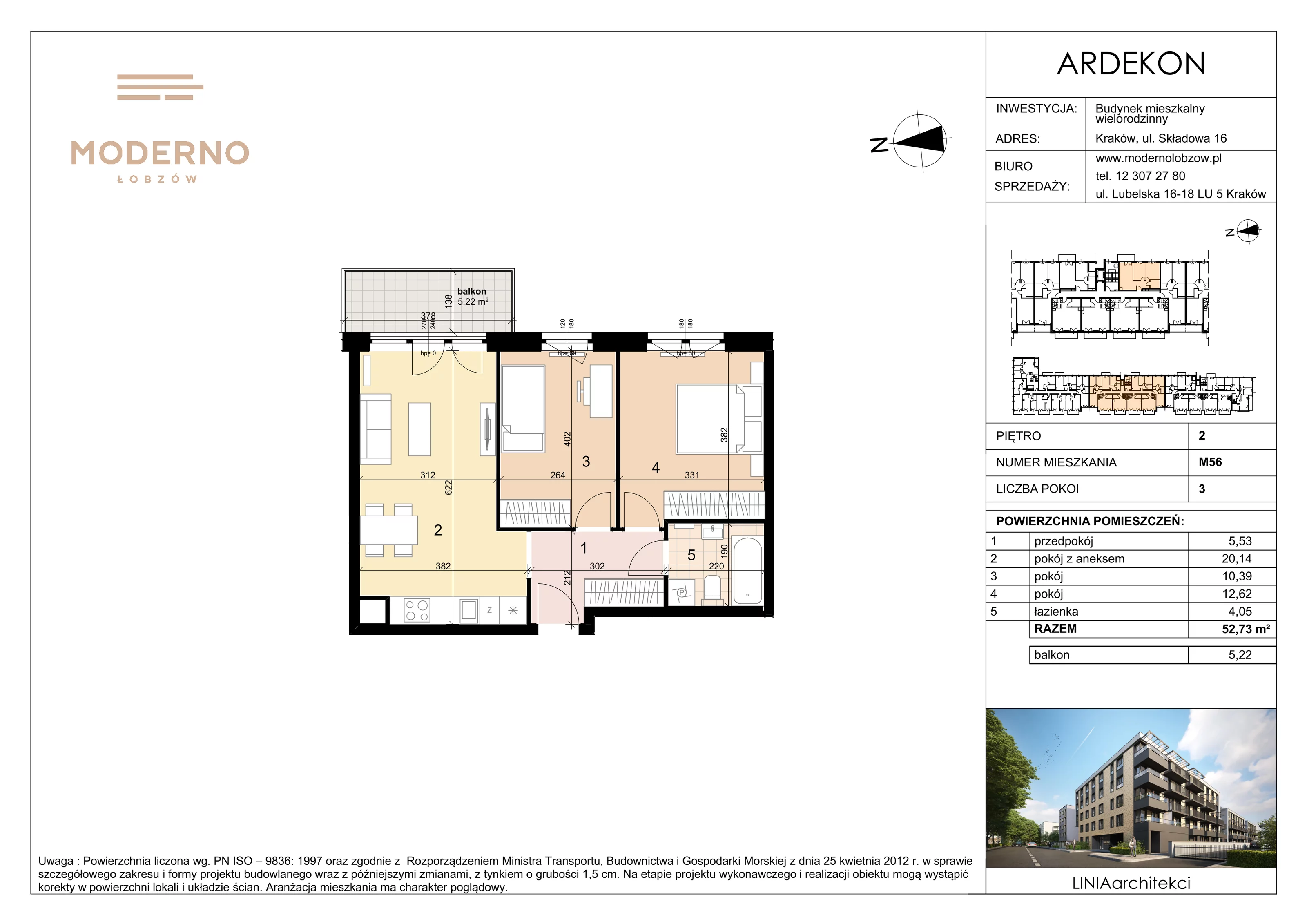 3 pokoje, mieszkanie 52,73 m², piętro 2, oferta nr 56, Moderno Łobzów, Kraków, Krowodrza, ul. Składowa