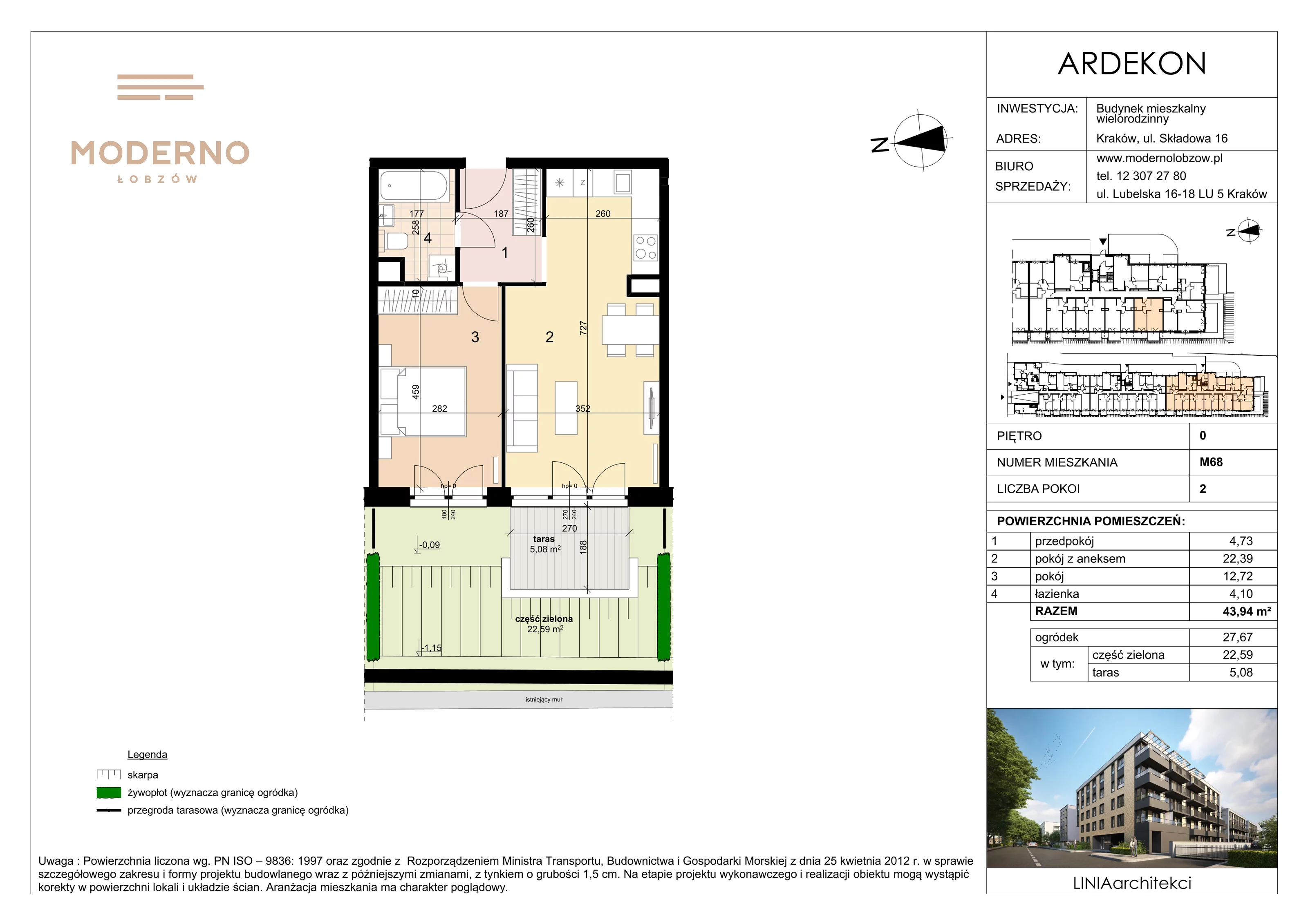 2 pokoje, mieszkanie 43,94 m², parter, oferta nr 68, Moderno Łobzów, Kraków, Krowodrza, ul. Składowa