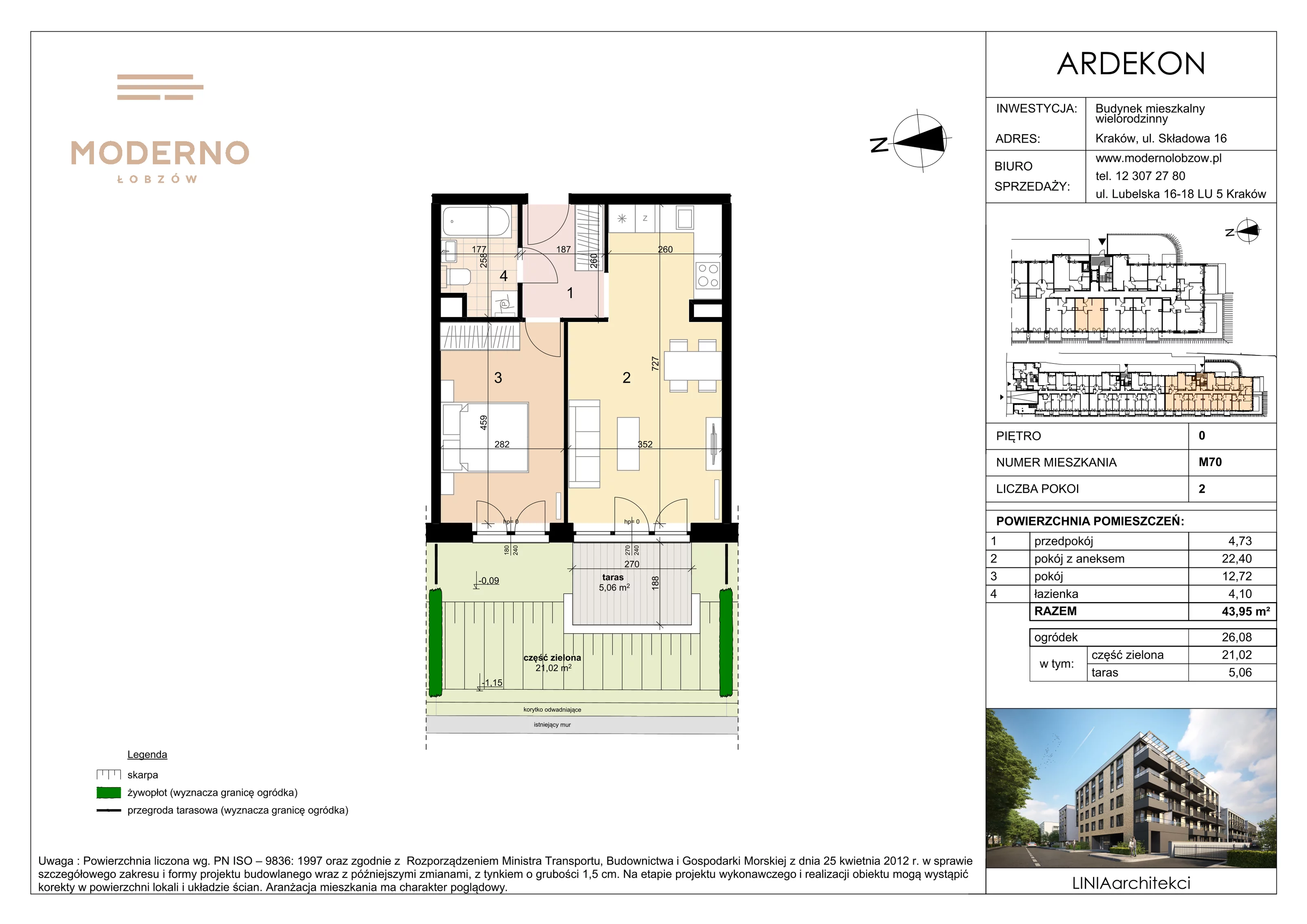 2 pokoje, mieszkanie 43,95 m², parter, oferta nr 70, Moderno Łobzów, Kraków, Krowodrza, ul. Składowa