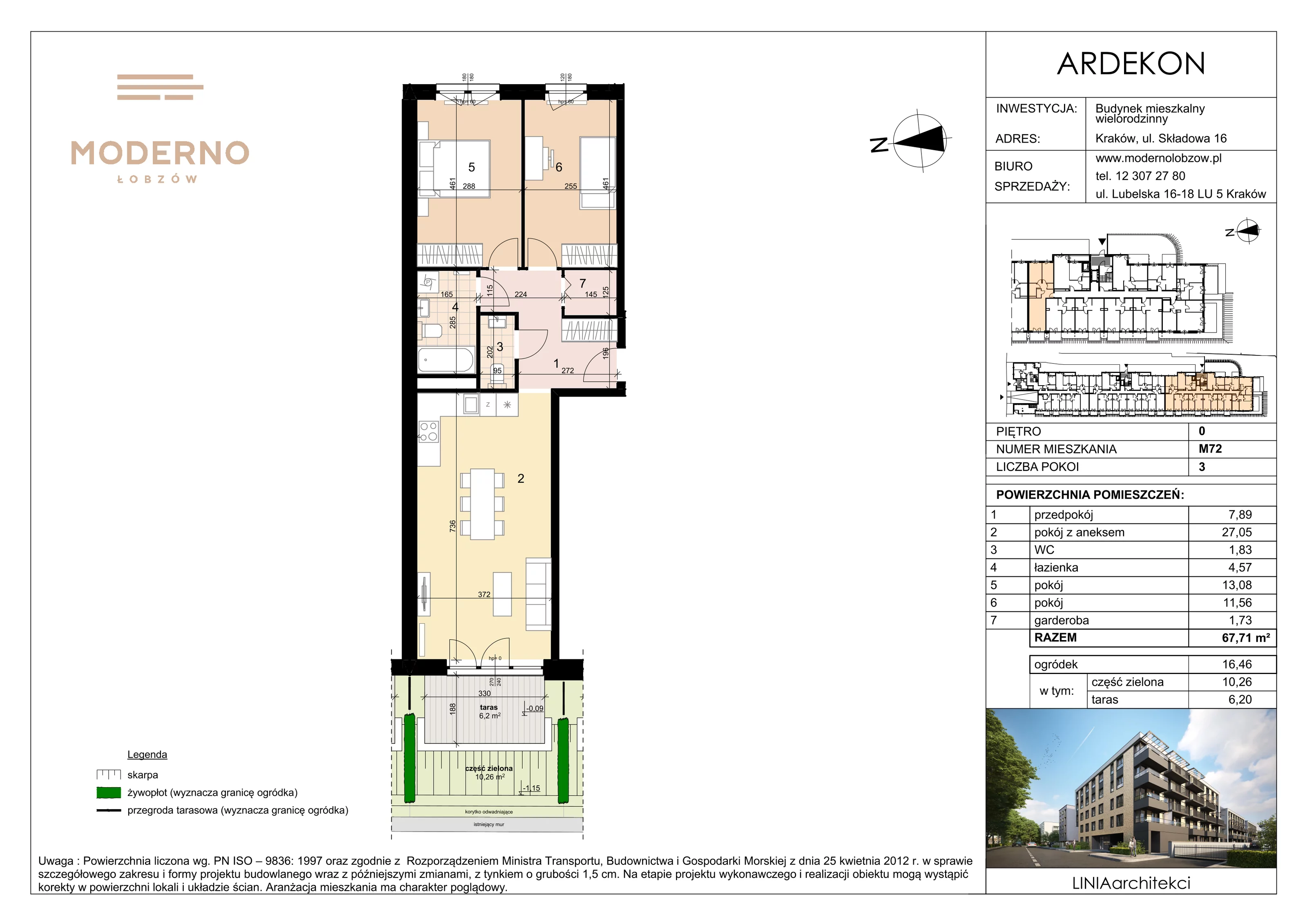 3 pokoje, mieszkanie 67,71 m², parter, oferta nr 72, Moderno Łobzów, Kraków, Krowodrza, ul. Składowa