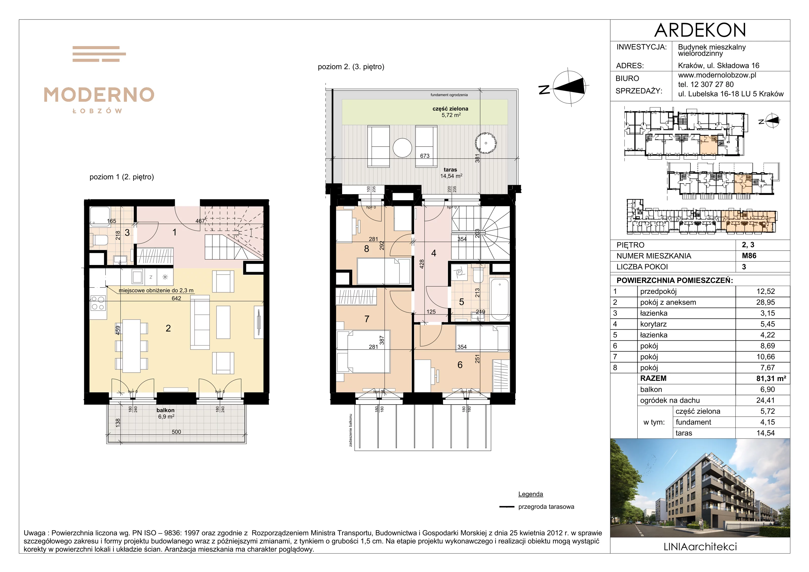 4 pokoje, mieszkanie 81,31 m², piętro 2, oferta nr 86, Moderno Łobzów, Kraków, Krowodrza, ul. Składowa