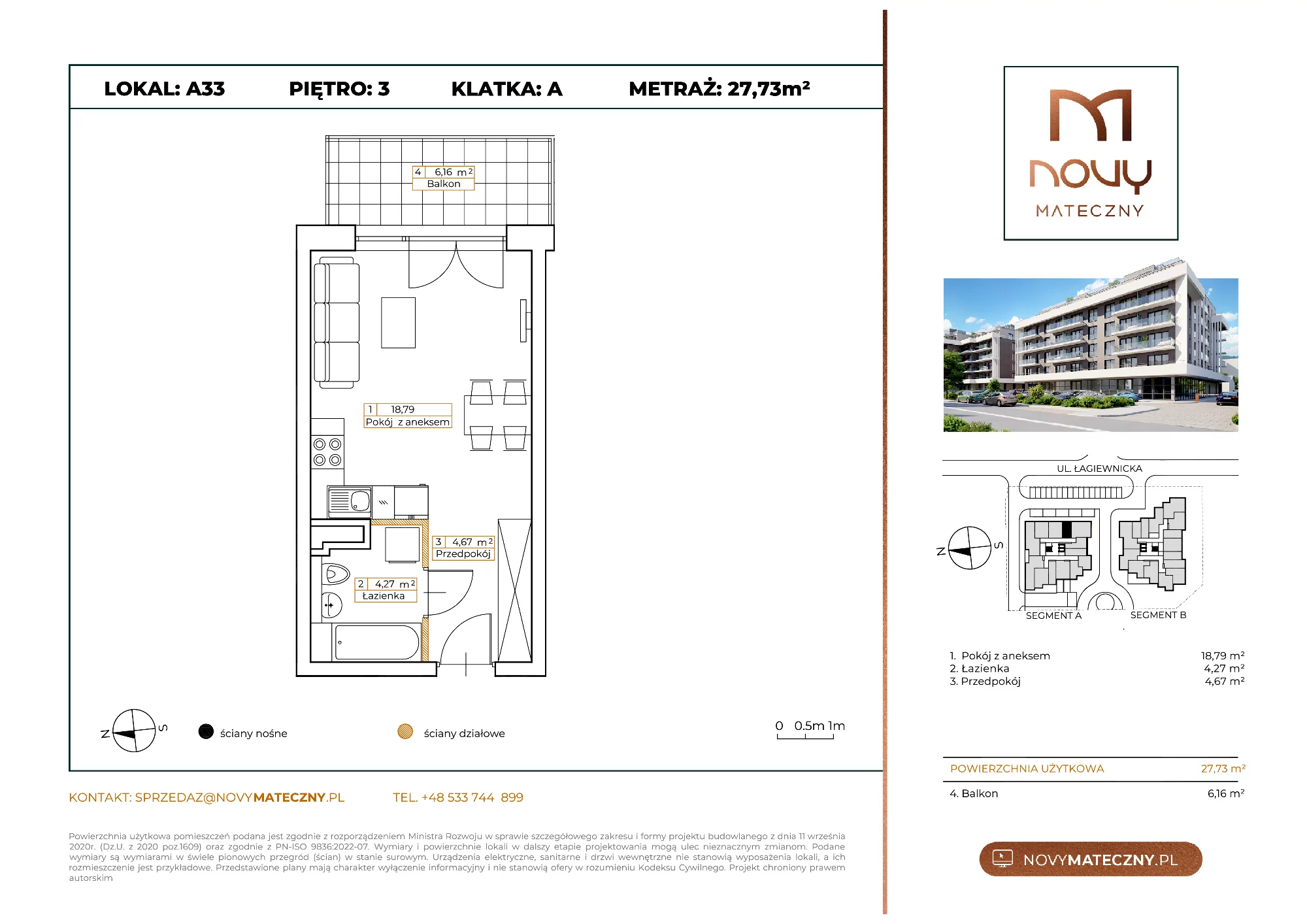 Mieszkanie 27,73 m², piętro 3, oferta nr A33, Novy Mateczny, Kraków, Podgórze, ul. Łagiewnicka