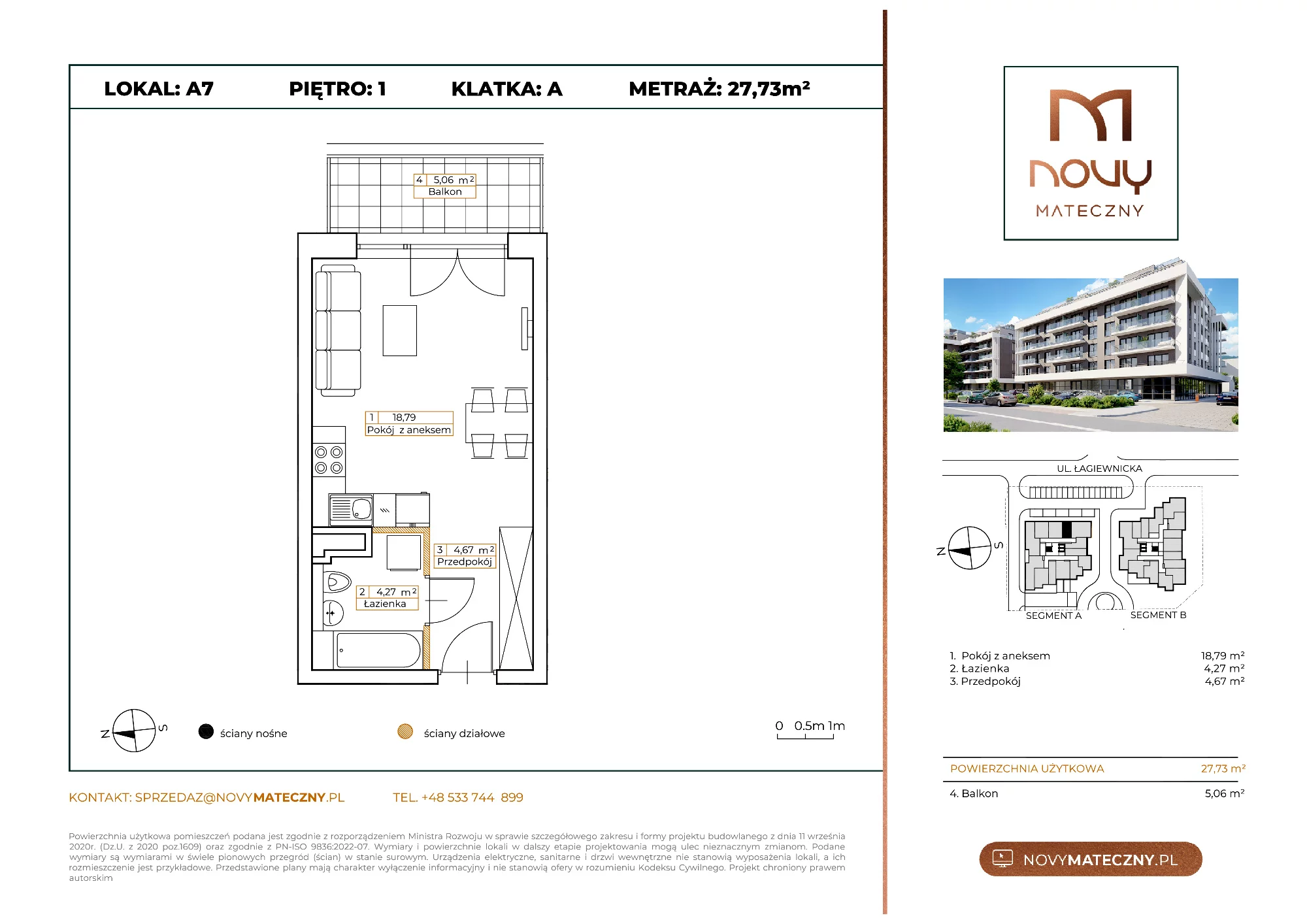 Mieszkanie 27,73 m², piętro 1, oferta nr A07, Novy Mateczny, Kraków, Podgórze, ul. Łagiewnicka