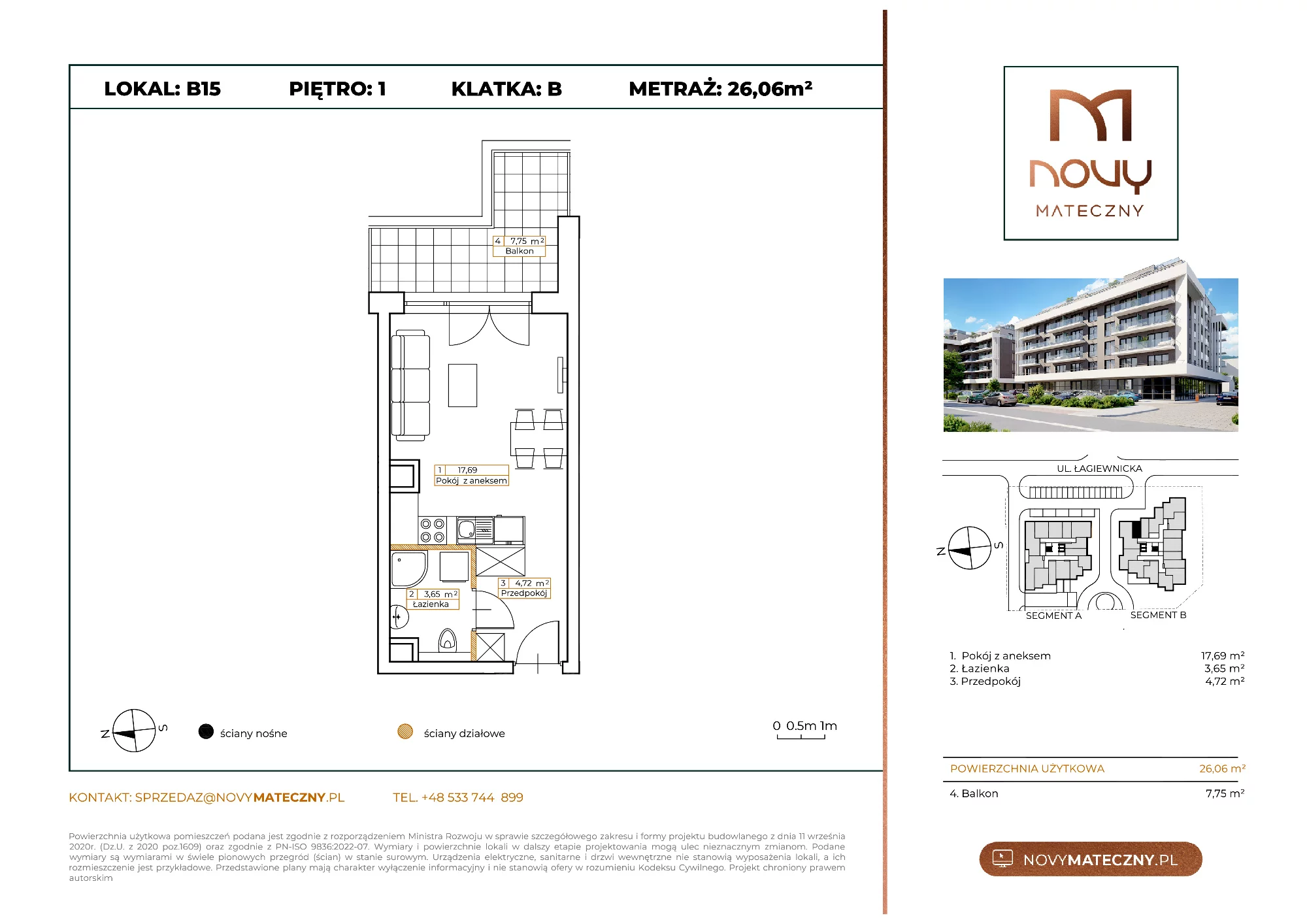 Mieszkanie 26,06 m², piętro 1, oferta nr B15, Novy Mateczny, Kraków, Podgórze, ul. Łagiewnicka