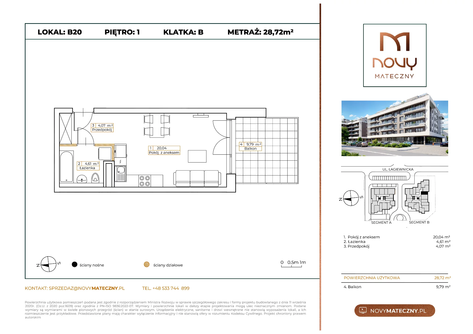 Mieszkanie 28,72 m², piętro 1, oferta nr B20, Novy Mateczny, Kraków, Podgórze, ul. Łagiewnicka