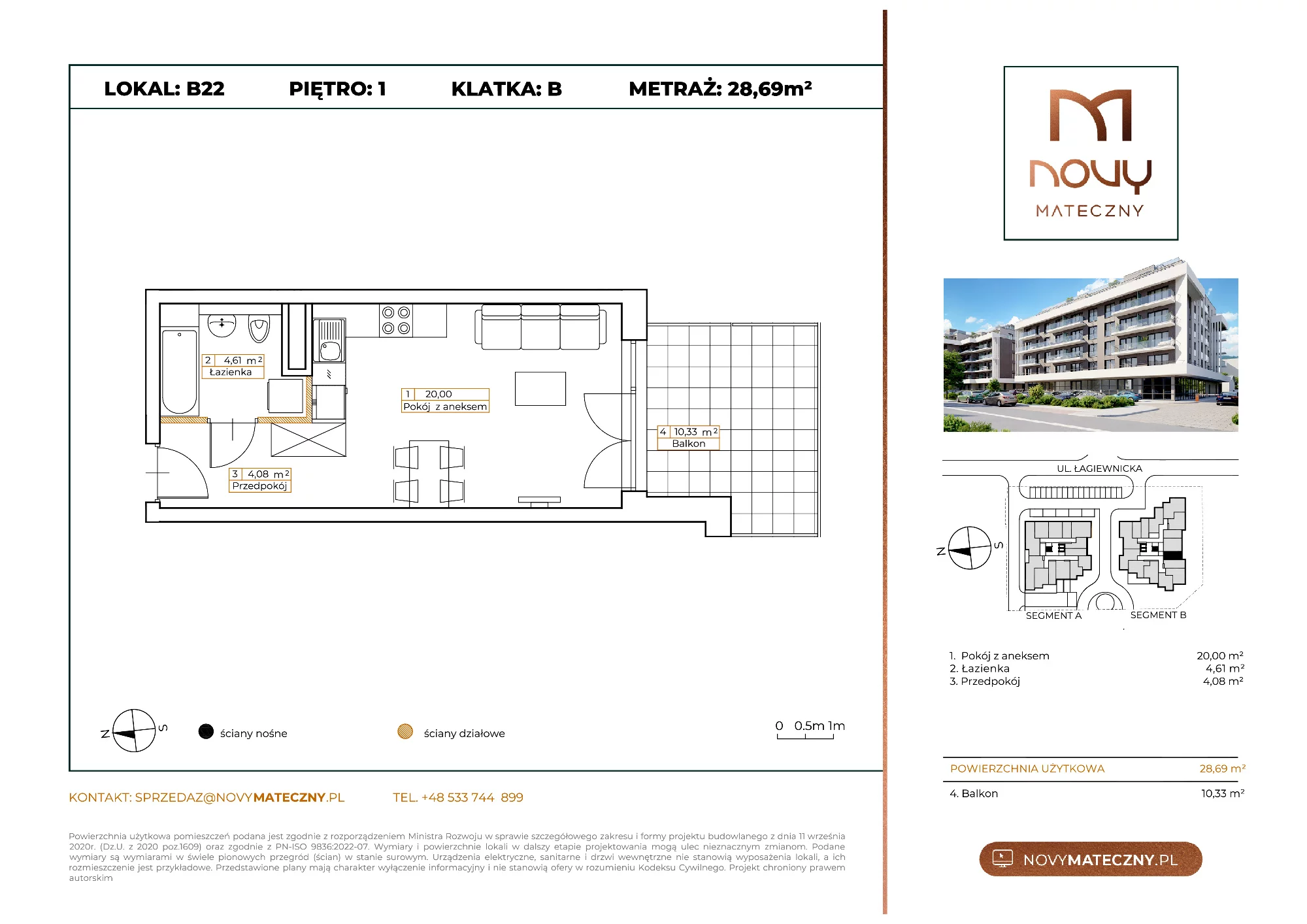 Mieszkanie 28,69 m², piętro 1, oferta nr B22, Novy Mateczny, Kraków, Podgórze, ul. Łagiewnicka