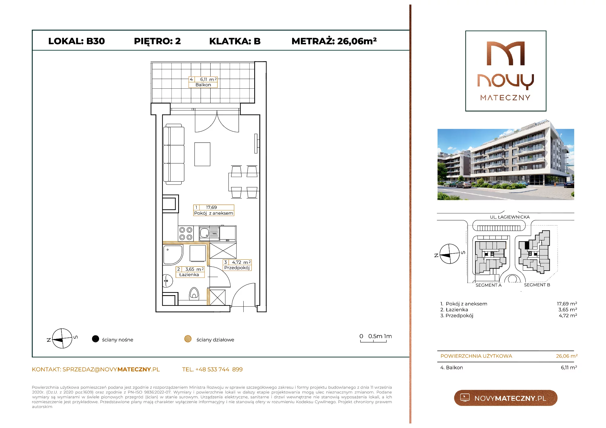 Mieszkanie 26,06 m², piętro 2, oferta nr B30, Novy Mateczny, Kraków, Podgórze, ul. Łagiewnicka