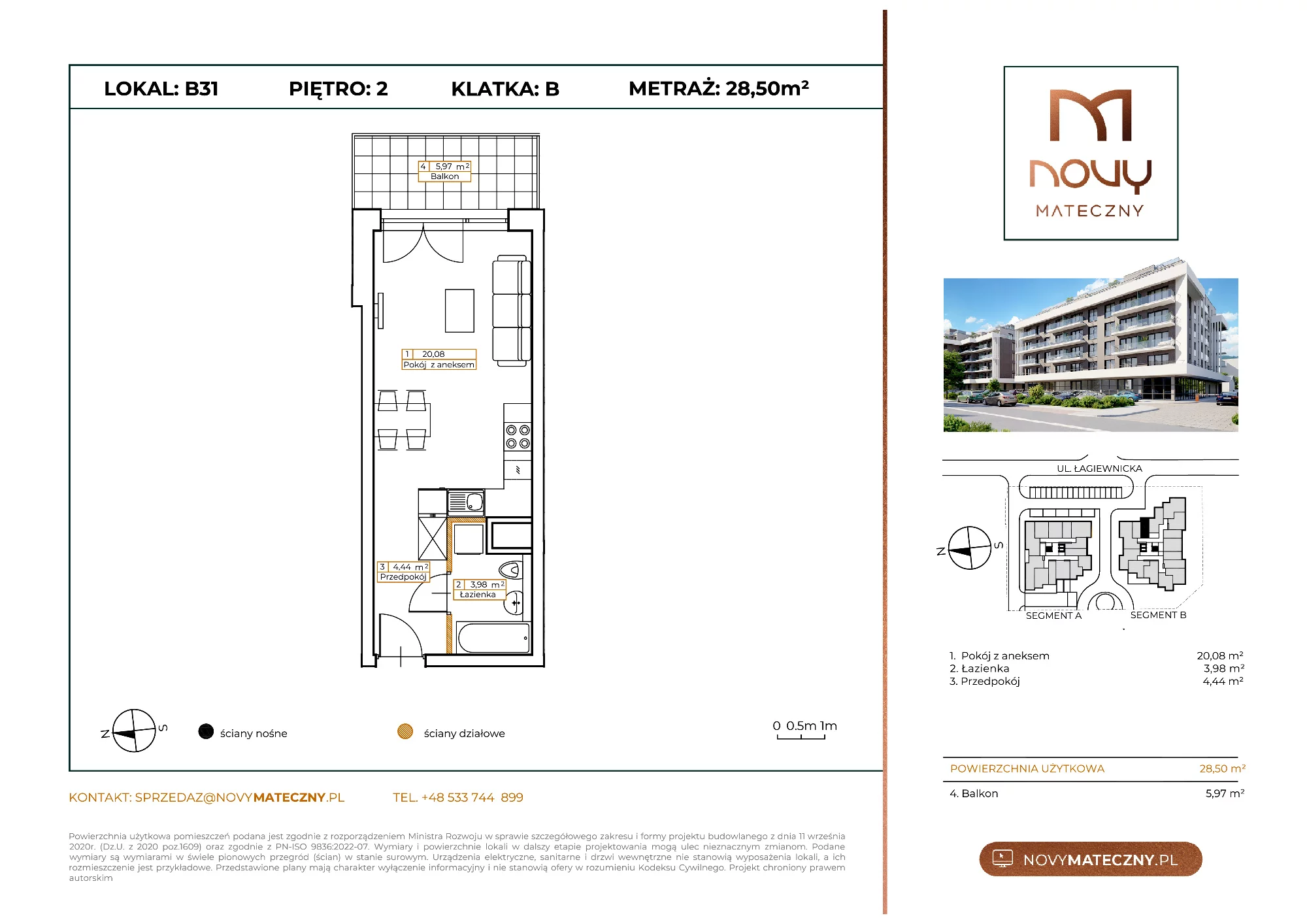 Mieszkanie 28,50 m², piętro 2, oferta nr B31, Novy Mateczny, Kraków, Podgórze, ul. Łagiewnicka