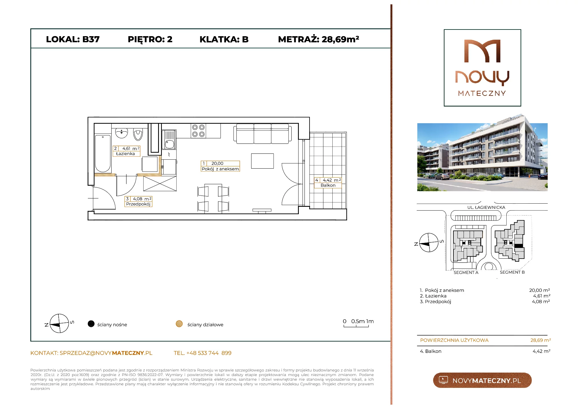 Mieszkanie 28,69 m², piętro 2, oferta nr B37, Novy Mateczny, Kraków, Podgórze, ul. Łagiewnicka