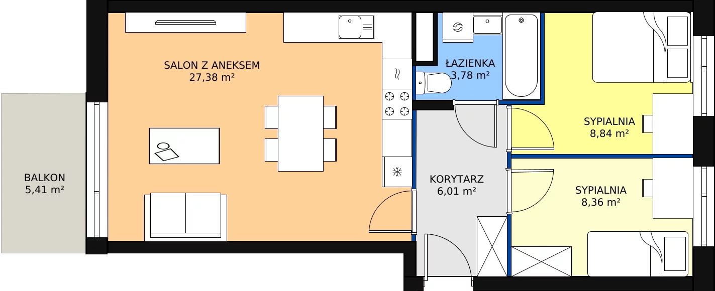 Nowe mieszkanie, 54,37 m², 3 pokoje, 1 piętro, oferta nr B2.55