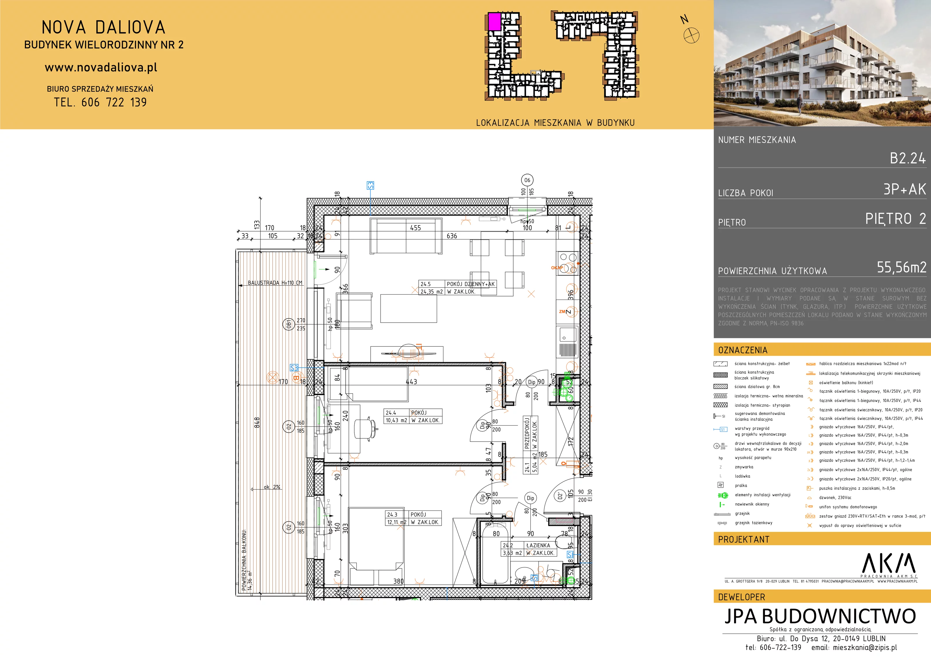 Mieszkanie 55,56 m², piętro 2, oferta nr B2.24, Nova Daliova, Lublin, Ponikwoda, ul. Daliowa