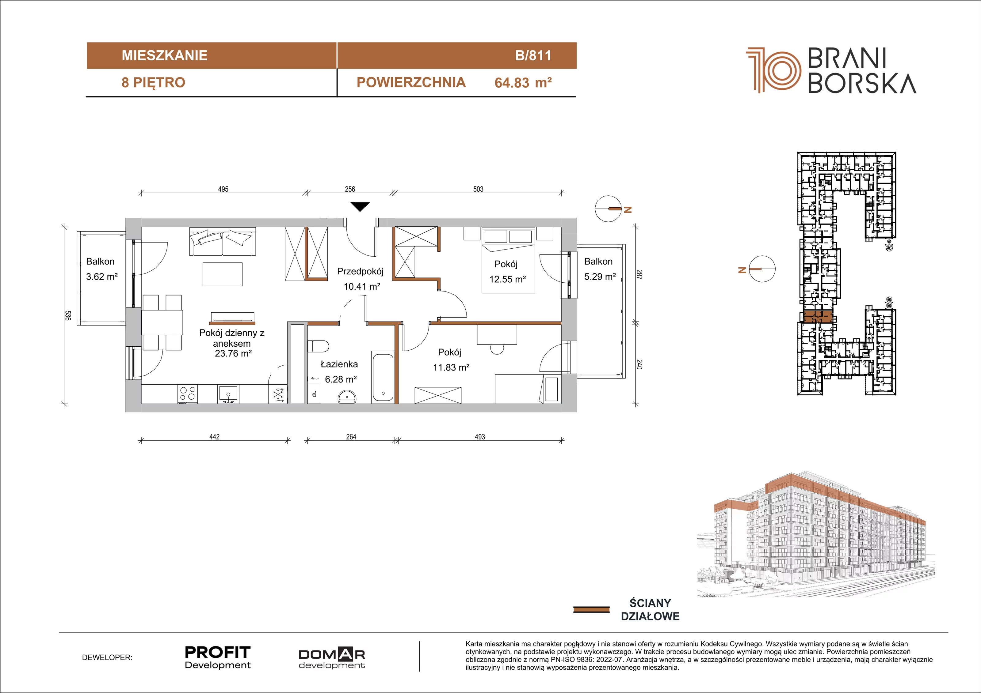 3 pokoje, mieszkanie 64,83 m², piętro 8, oferta nr BN10/B/811, Braniborska 10 , Wrocław, Stare Miasto, Śródmieście, ul. Braniborska 10