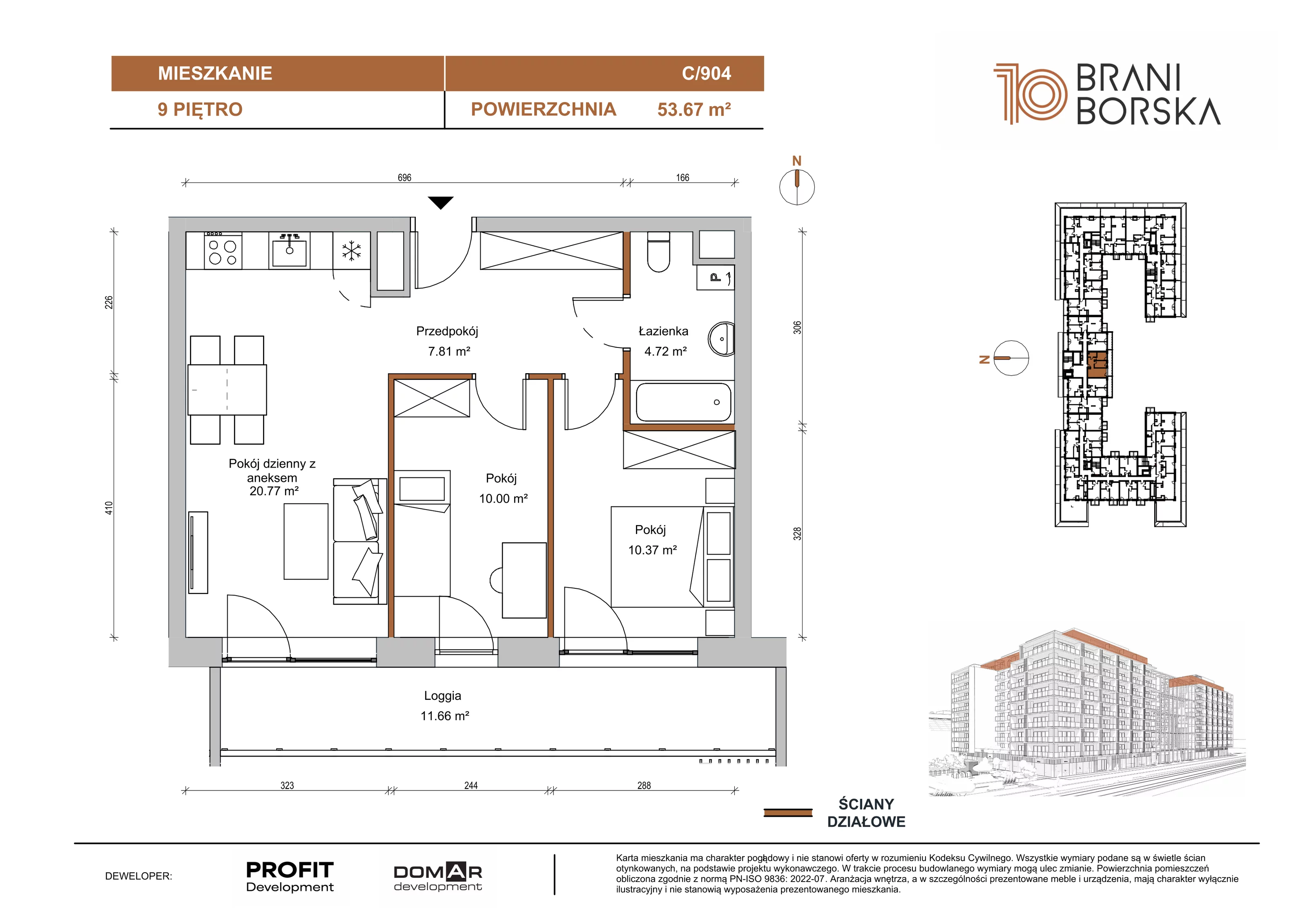 3 pokoje, mieszkanie 53,67 m², piętro 9, oferta nr BN10/C/904, Braniborska 10 , Wrocław, Stare Miasto, Śródmieście, ul. Braniborska 10