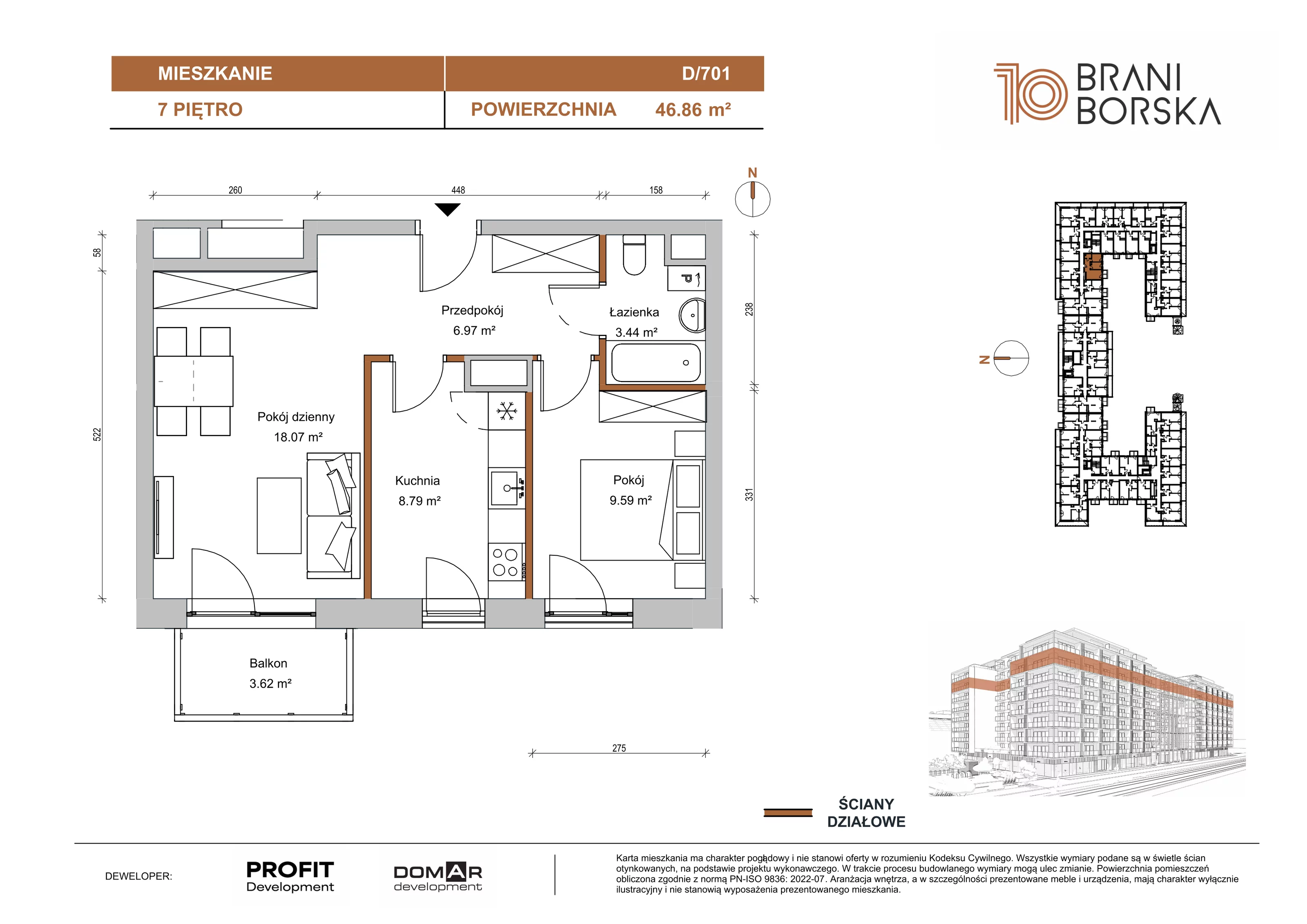 2 pokoje, apartament 46,86 m², piętro 7, oferta nr BN10/D/701, Braniborska 10 , Wrocław, Stare Miasto, Śródmieście, ul. Braniborska 10E