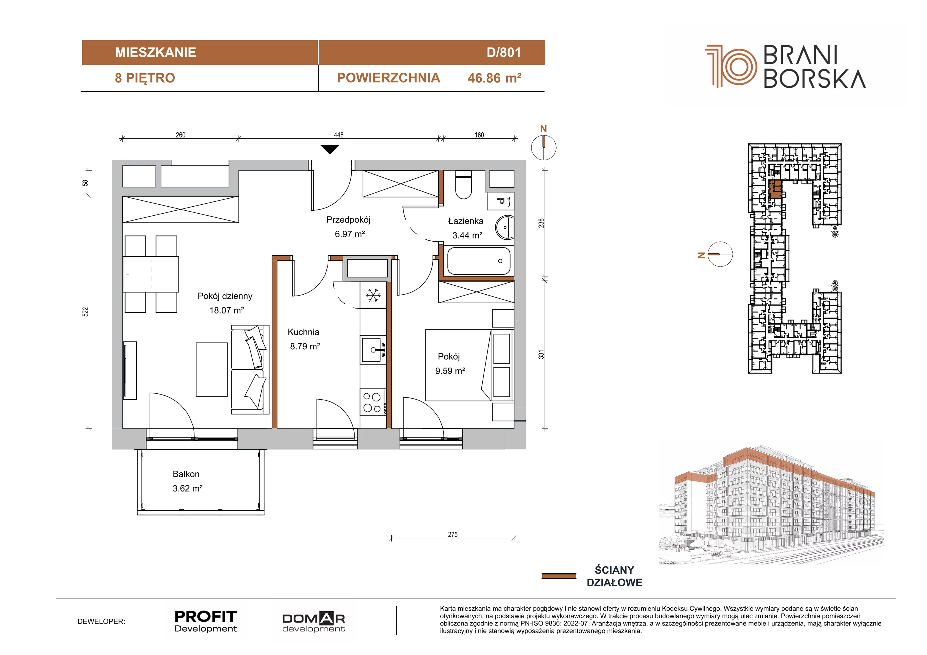 2 pokoje, apartament 46,86 m², piętro 8, oferta nr BN10/D/801, Braniborska 10 , Wrocław, Stare Miasto, Śródmieście, ul. Braniborska 10E