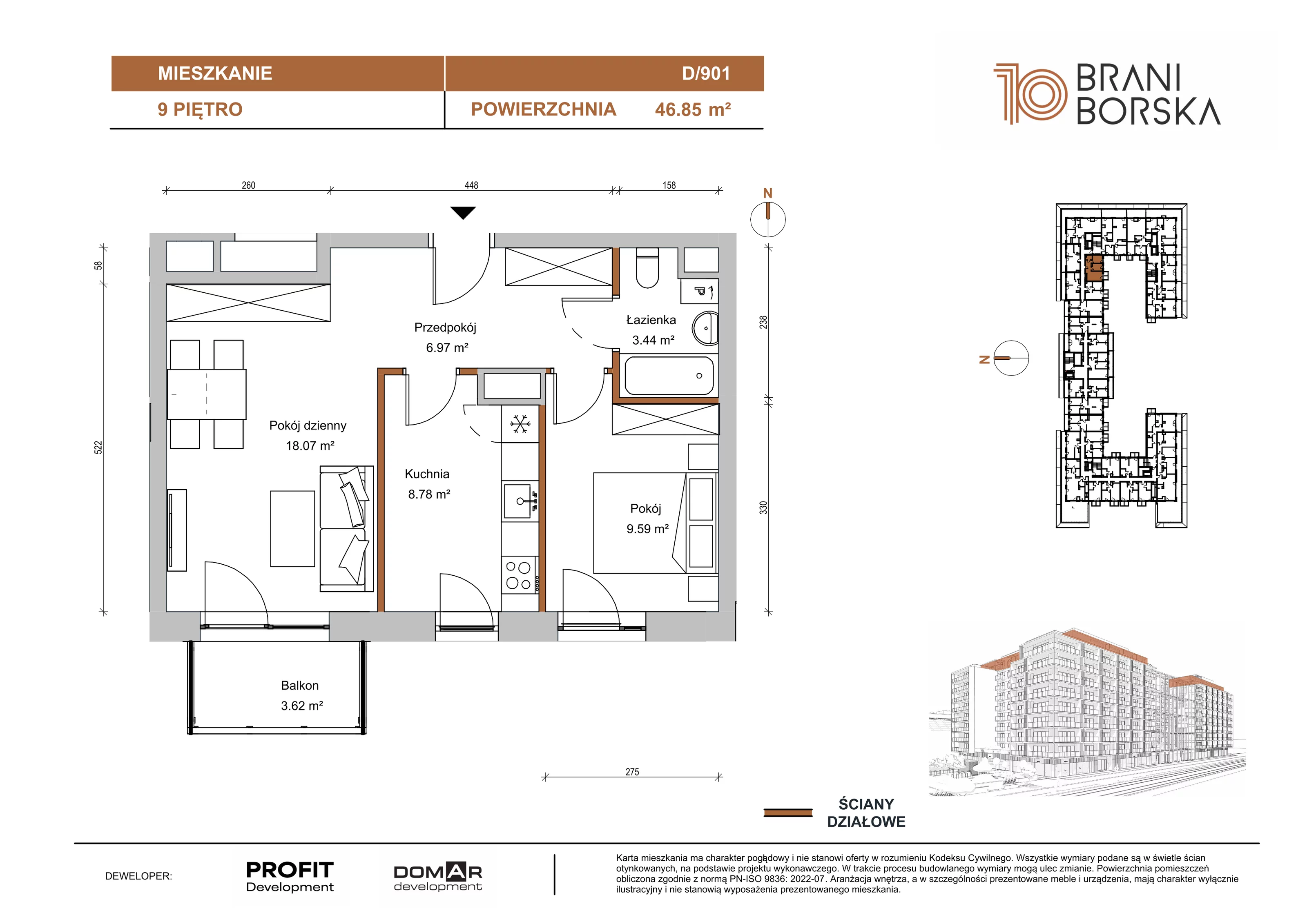 2 pokoje, apartament 46,85 m², piętro 9, oferta nr BN10/D/901, Braniborska 10 , Wrocław, Stare Miasto, Śródmieście, ul. Braniborska 10E