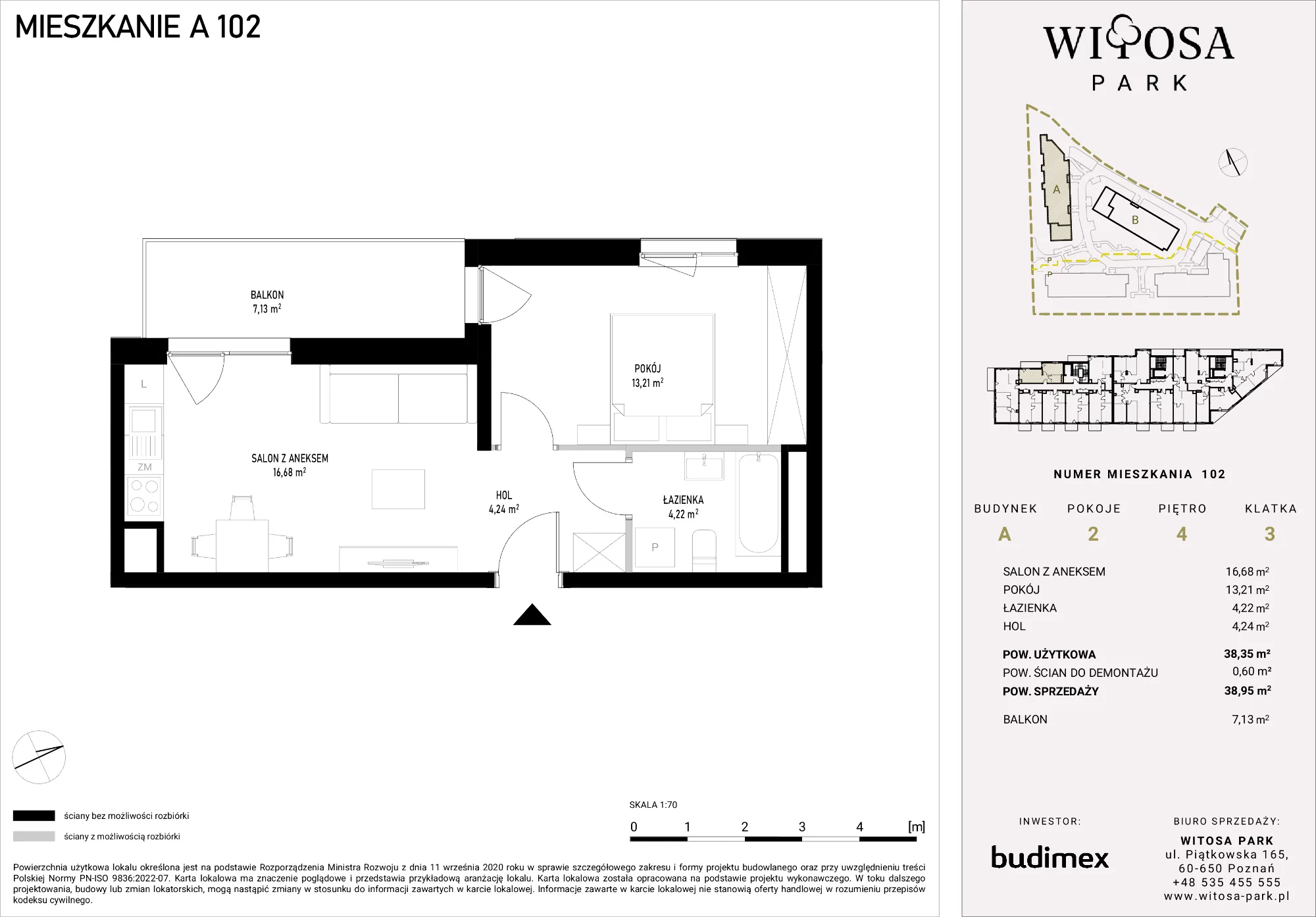 2 pokoje, mieszkanie 38,95 m², piętro 4, oferta nr A/102, Witosa Park, Poznań, Winiary, Winiary, ul. Piątkowska 165 A-B