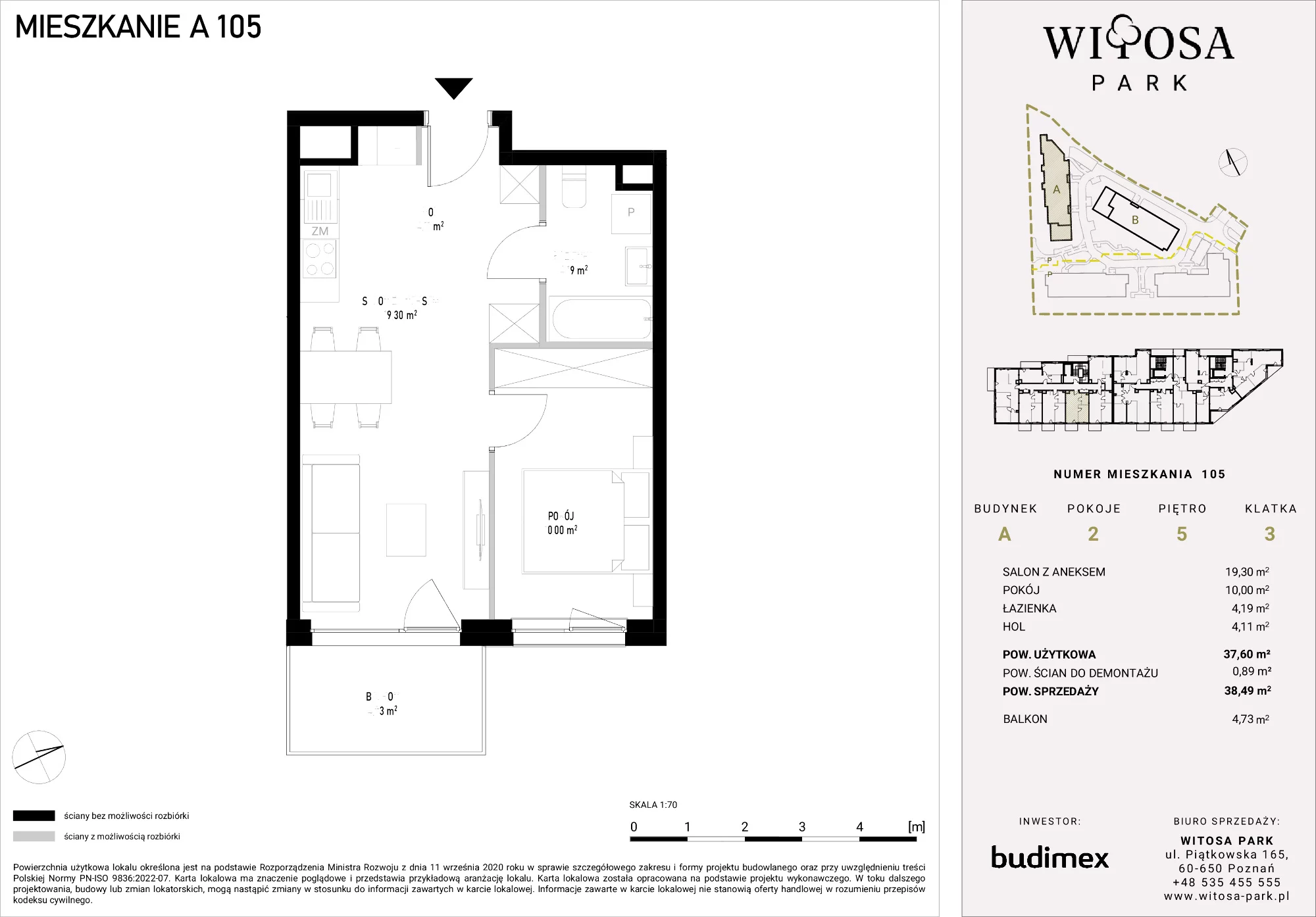2 pokoje, mieszkanie 38,49 m², piętro 5, oferta nr A/105, Witosa Park, Poznań, Winiary, Winiary, ul. Piątkowska 165 A-B