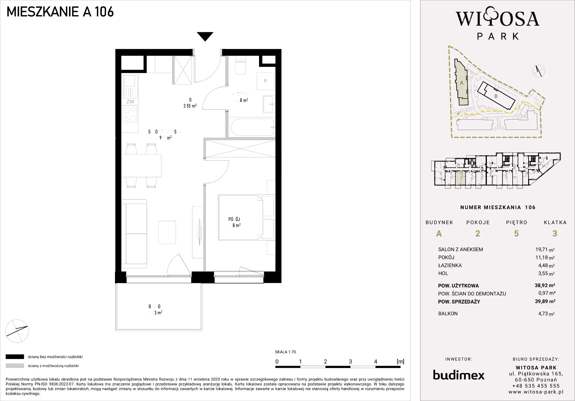 2 pokoje, mieszkanie 39,89 m², piętro 5, oferta nr A/106, Witosa Park, Poznań, Winiary, Winiary, ul. Piątkowska 165 A-B