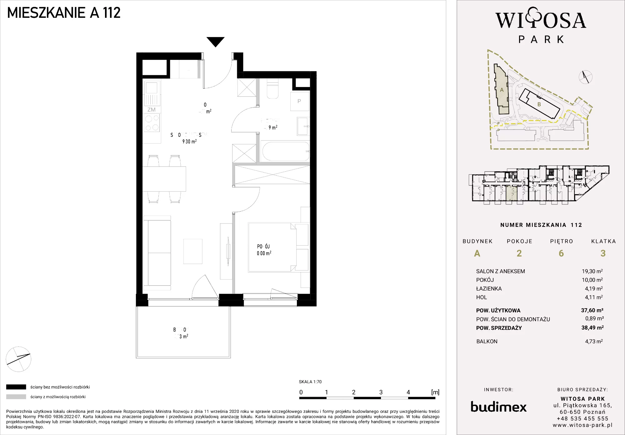 2 pokoje, mieszkanie 38,49 m², piętro 6, oferta nr A/112, Witosa Park, Poznań, Winiary, Winiary, ul. Piątkowska 165 A-B