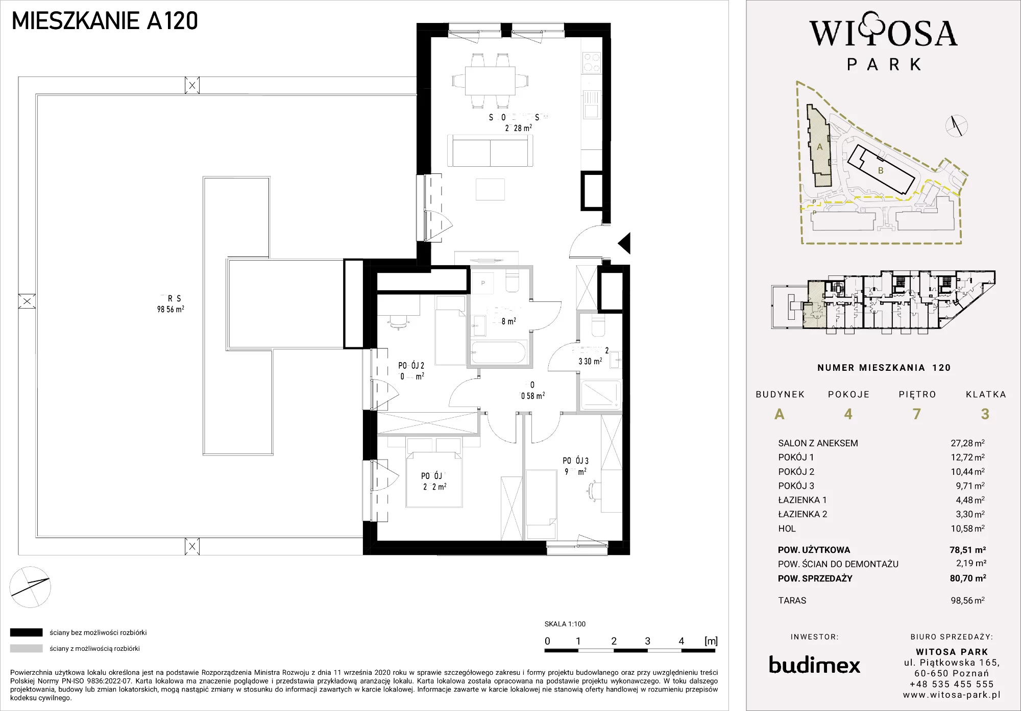 4 pokoje, mieszkanie 80,70 m², piętro 7, oferta nr A/120, Witosa Park, Poznań, Winiary, Winiary, ul. Piątkowska 165 A-B