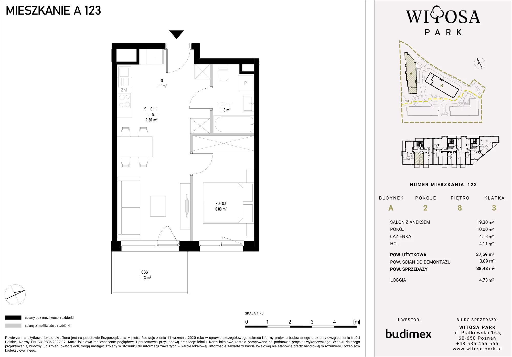 2 pokoje, mieszkanie 38,48 m², piętro 8, oferta nr A/123, Witosa Park, Poznań, Winiary, Winiary, ul. Piątkowska 165 A-B