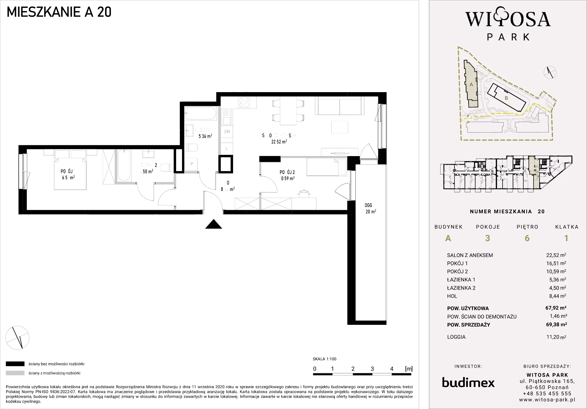 3 pokoje, mieszkanie 69,38 m², piętro 6, oferta nr A/20, Witosa Park, Poznań, Winiary, Winiary, ul. Piątkowska 165 A-B