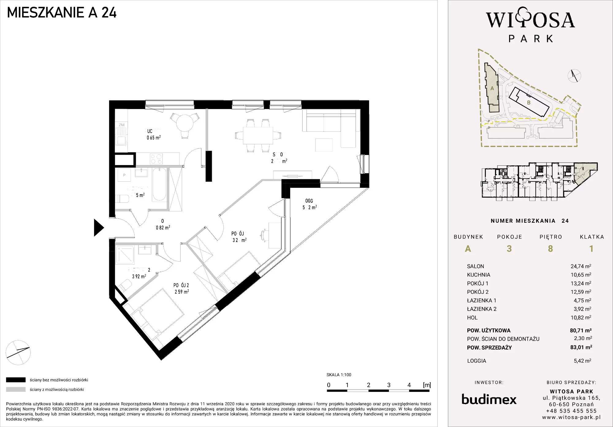 3 pokoje, mieszkanie 83,01 m², piętro 8, oferta nr A/24, Witosa Park, Poznań, Winiary, Winiary, ul. Piątkowska 165 A-B