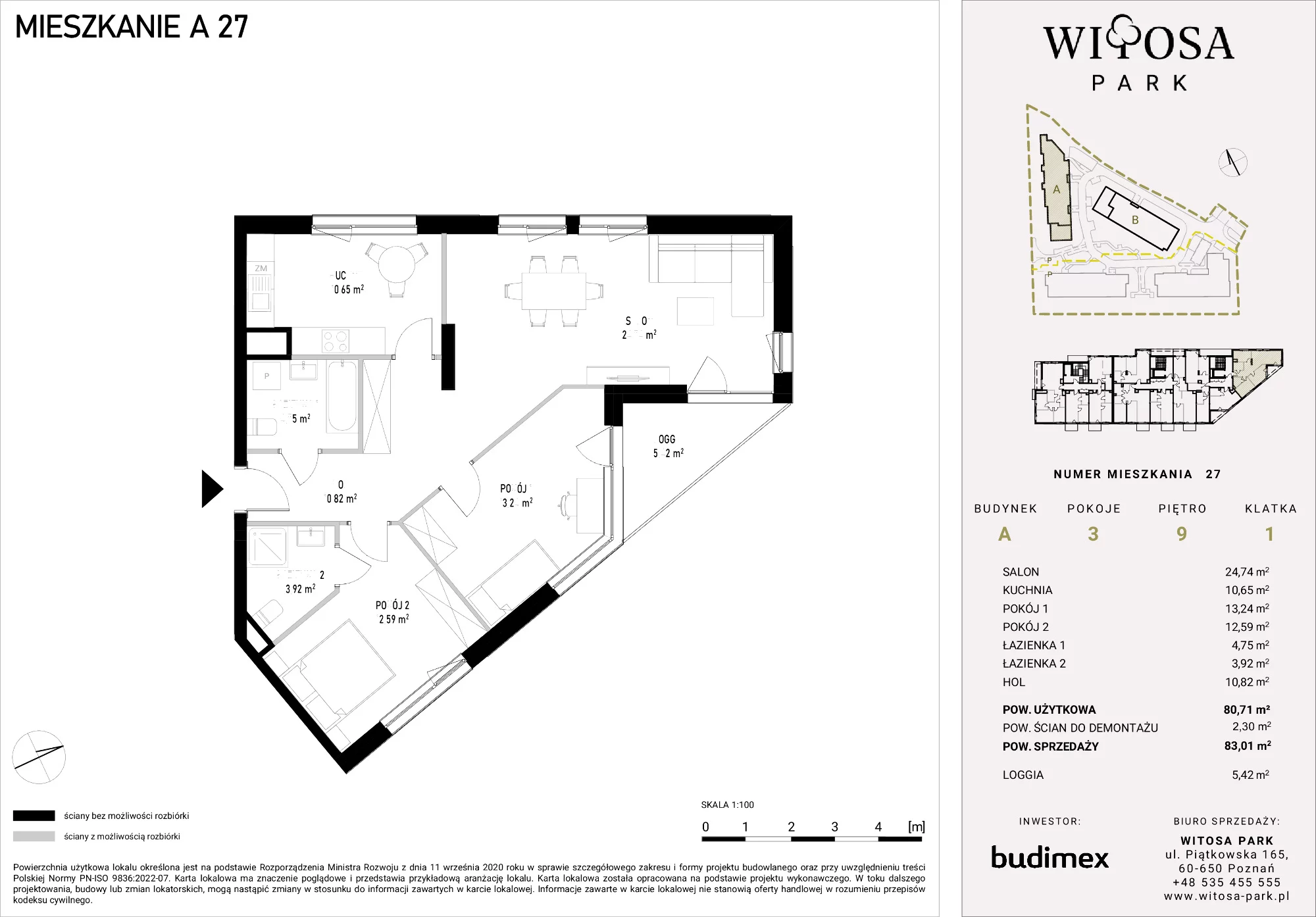3 pokoje, mieszkanie 83,01 m², piętro 9, oferta nr A/27, Witosa Park, Poznań, Winiary, Winiary, ul. Piątkowska 165 A-B