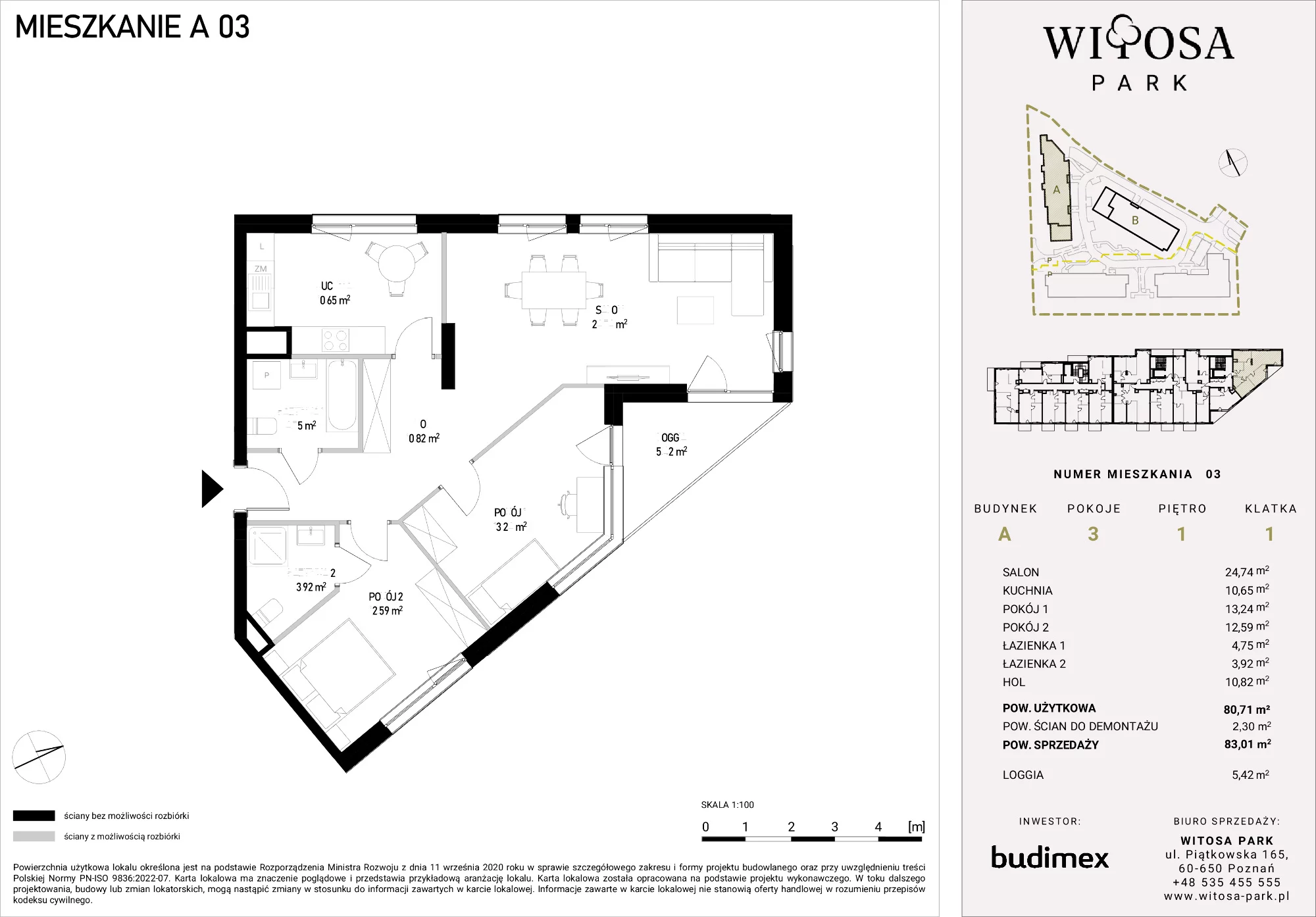 3 pokoje, mieszkanie 83,01 m², piętro 1, oferta nr A/3, Witosa Park, Poznań, Winiary, Winiary, ul. Piątkowska 165 A-B