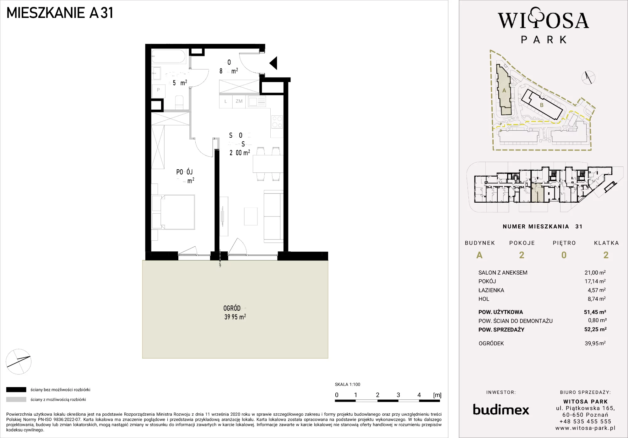 2 pokoje, mieszkanie 52,25 m², parter, oferta nr A/31, Witosa Park, Poznań, Winiary, Winiary, ul. Piątkowska 165 A-B