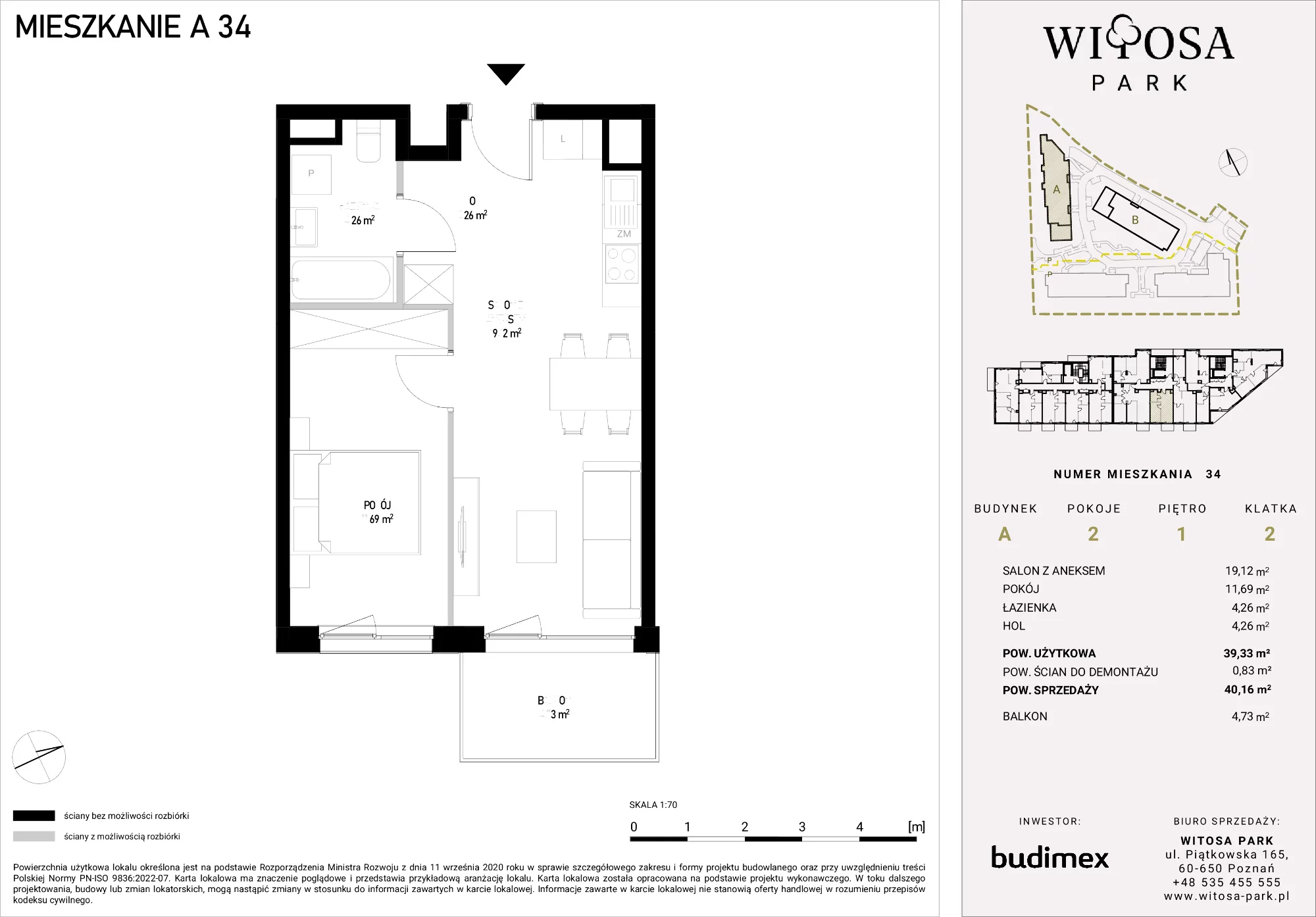 2 pokoje, mieszkanie 40,16 m², piętro 1, oferta nr A/34, Witosa Park, Poznań, Winiary, Winiary, ul. Piątkowska 165 A-B