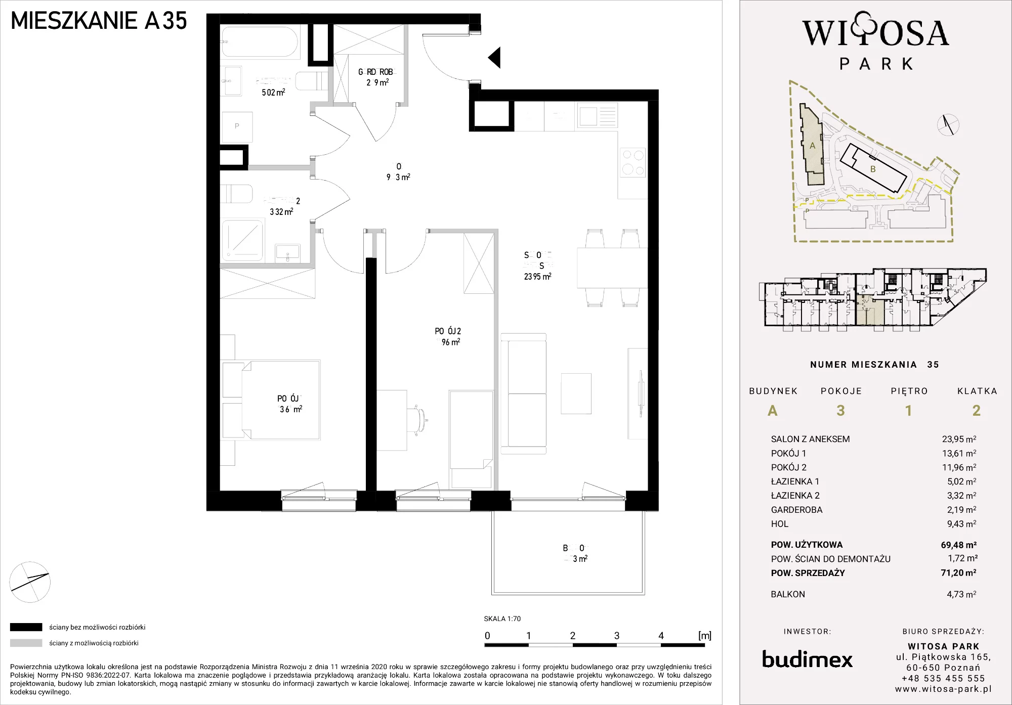 3 pokoje, mieszkanie 71,20 m², piętro 1, oferta nr A/35, Witosa Park, Poznań, Winiary, Winiary, ul. Piątkowska 165 A-B