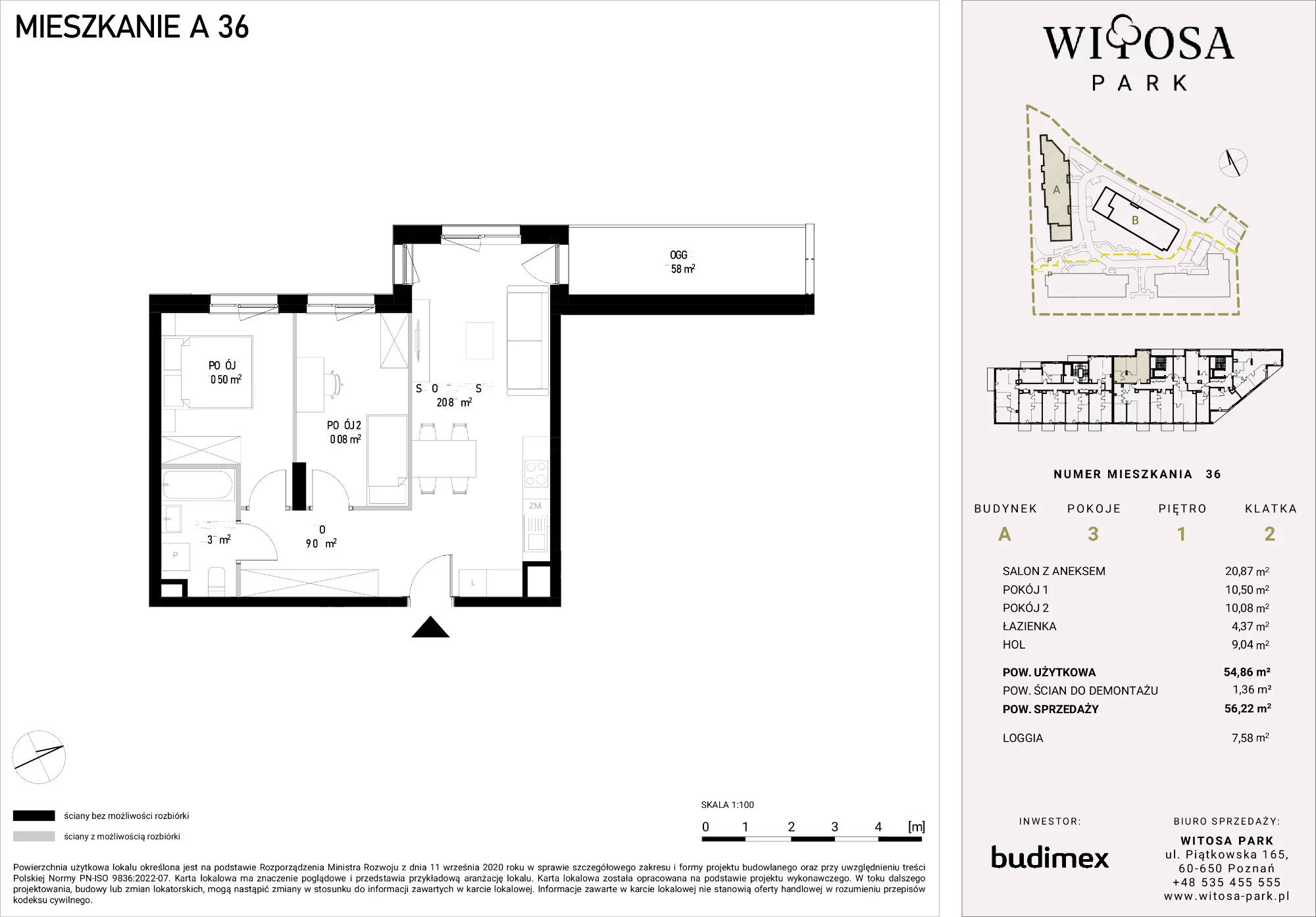 3 pokoje, mieszkanie 56,22 m², piętro 1, oferta nr A/36, Witosa Park, Poznań, Winiary, Winiary, ul. Piątkowska 165 A-B