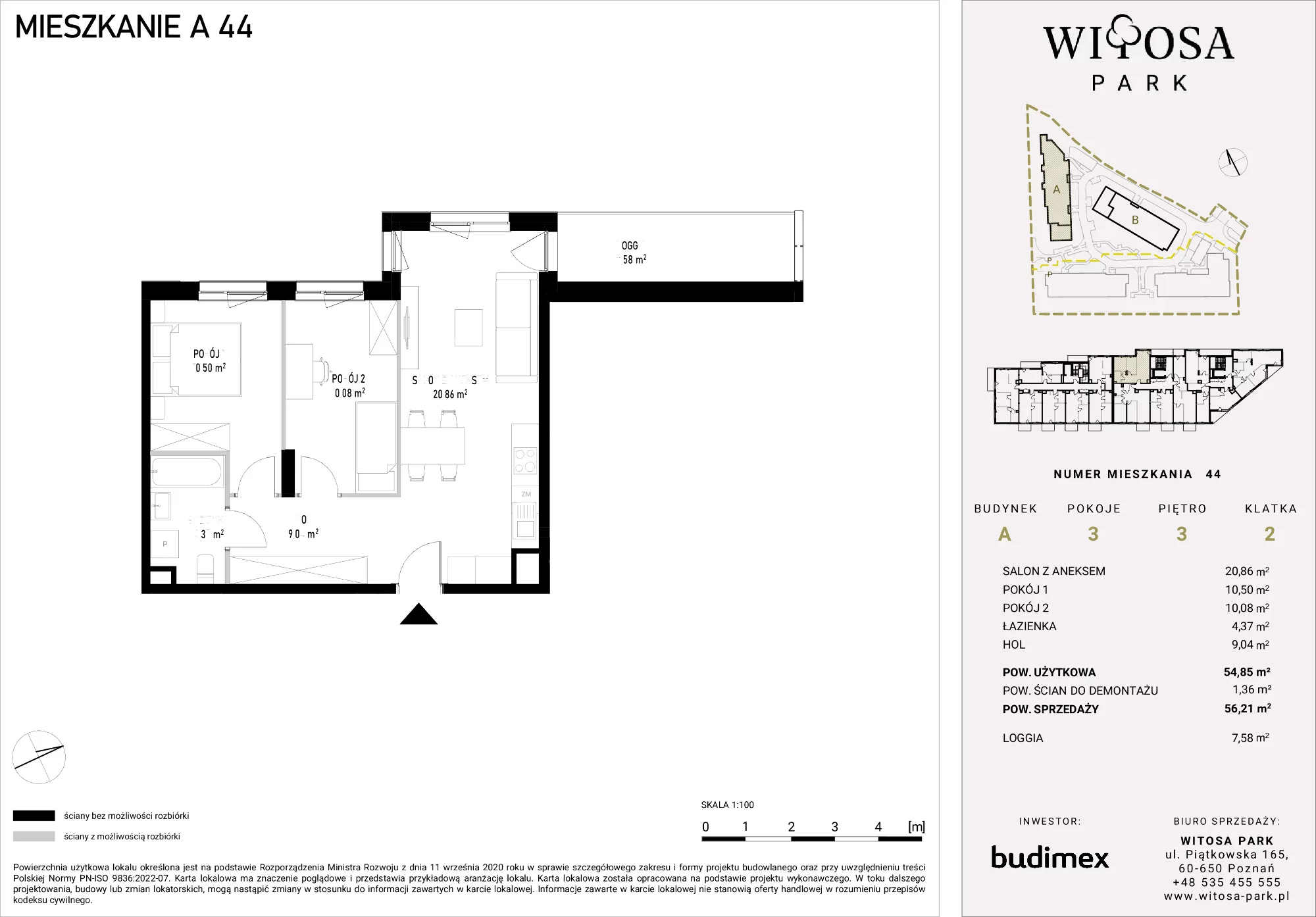 3 pokoje, mieszkanie 56,21 m², piętro 3, oferta nr A/44, Witosa Park, Poznań, Winiary, Winiary, ul. Piątkowska 165 A-B