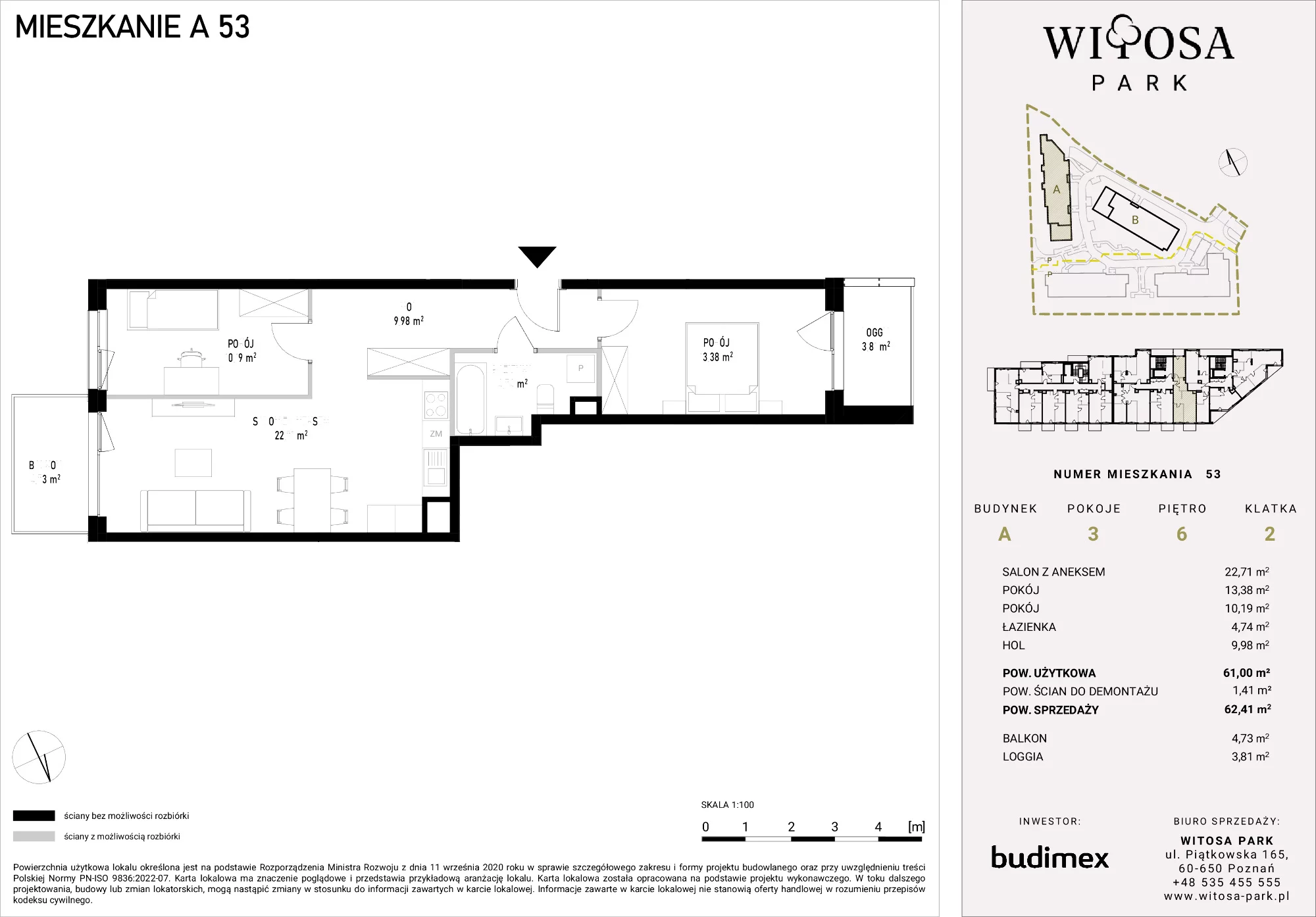 3 pokoje, mieszkanie 62,41 m², piętro 6, oferta nr A/53, Witosa Park, Poznań, Winiary, Winiary, ul. Piątkowska 165 A-B